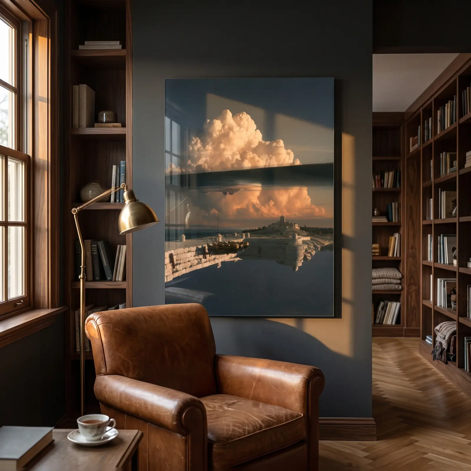Surreal Harbor Airship Tempered Glass Wall Art | Sci-Fi Glass Wall Decor