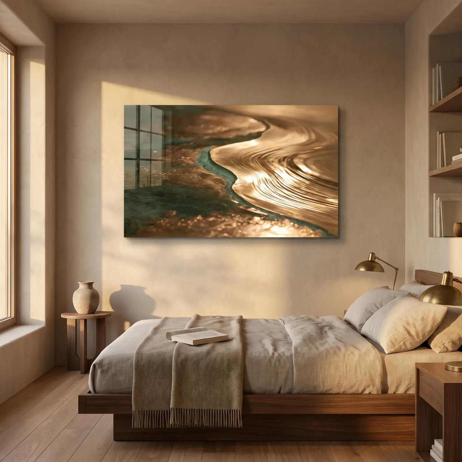 Gold Abstract Shoreline Teal Patina Art | Glass Wall Art