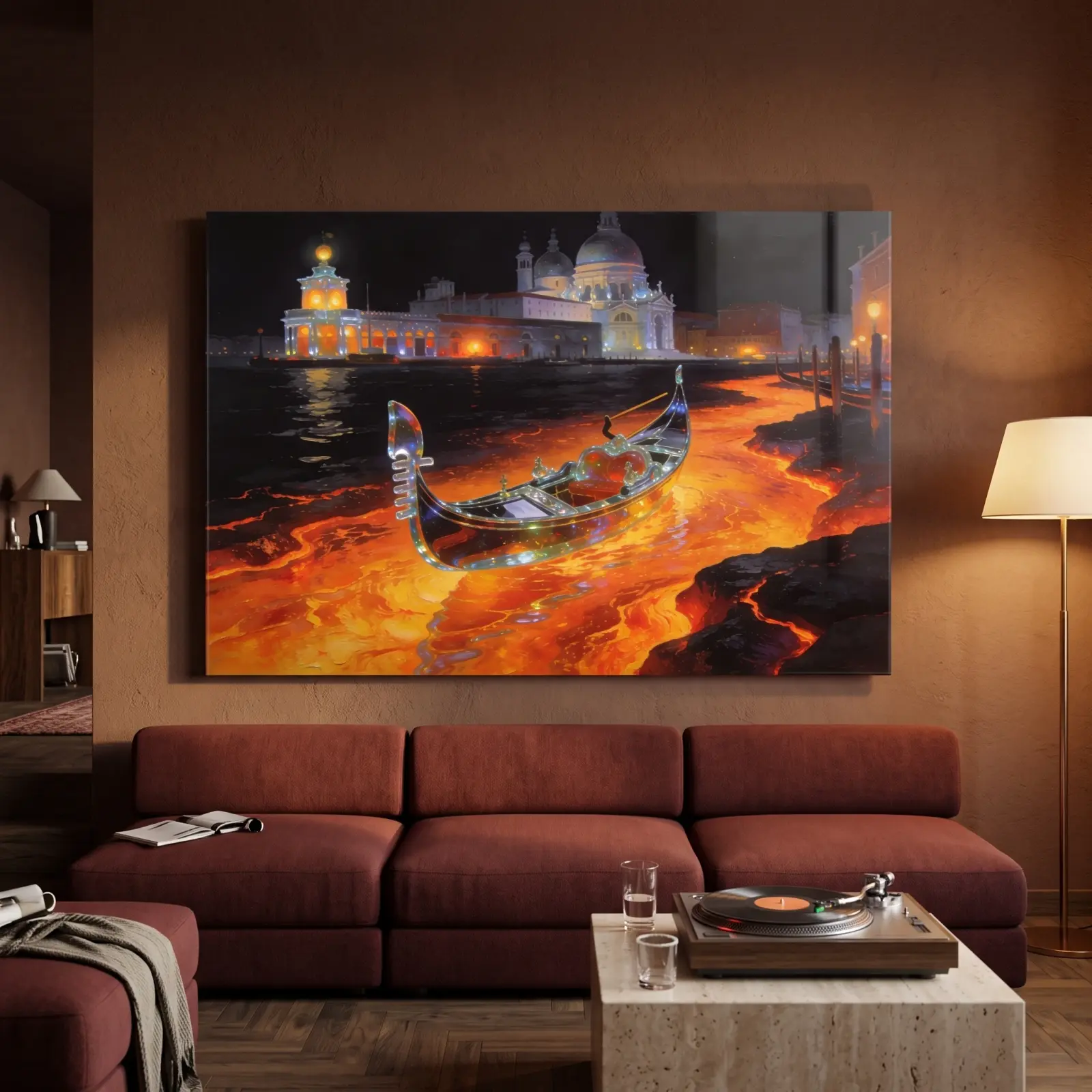 Venice Gondola Night Art Molten Canal Scene | Glass Wall Art