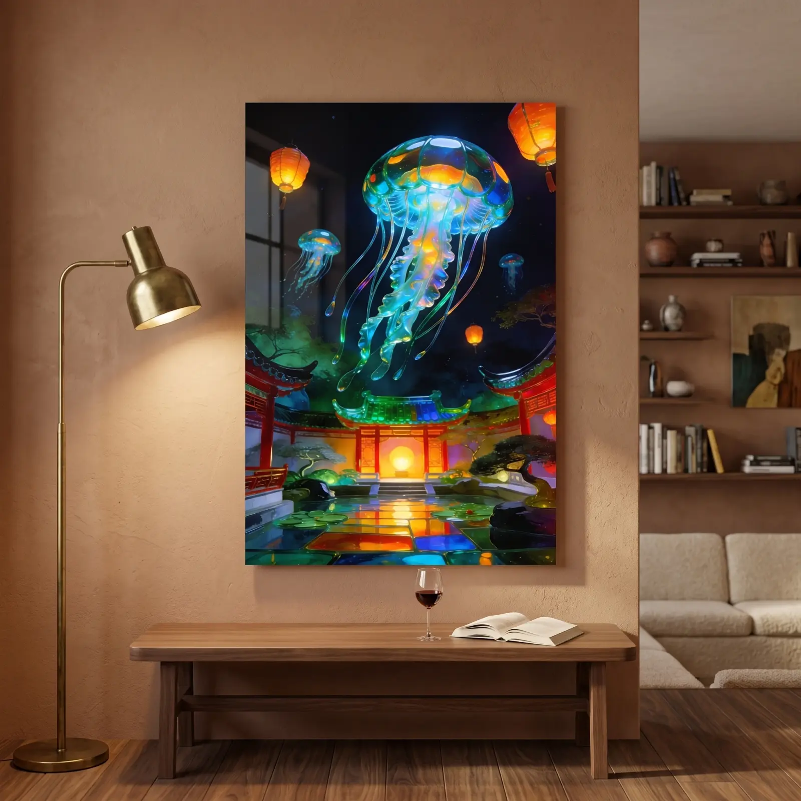 Jellyfish Lantern Garden Night Scene | Glass Wall Art