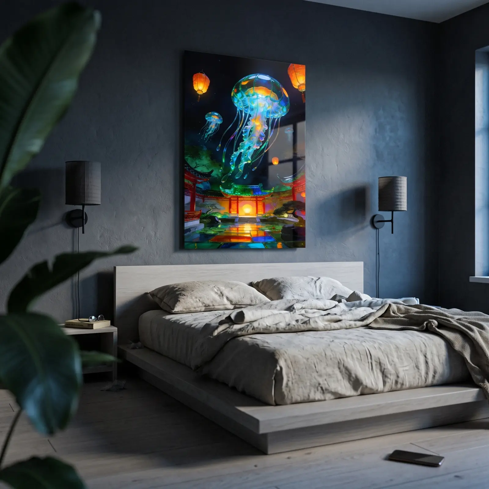 Jellyfish Lantern Garden Night Scene | Glass Wall Art — 2