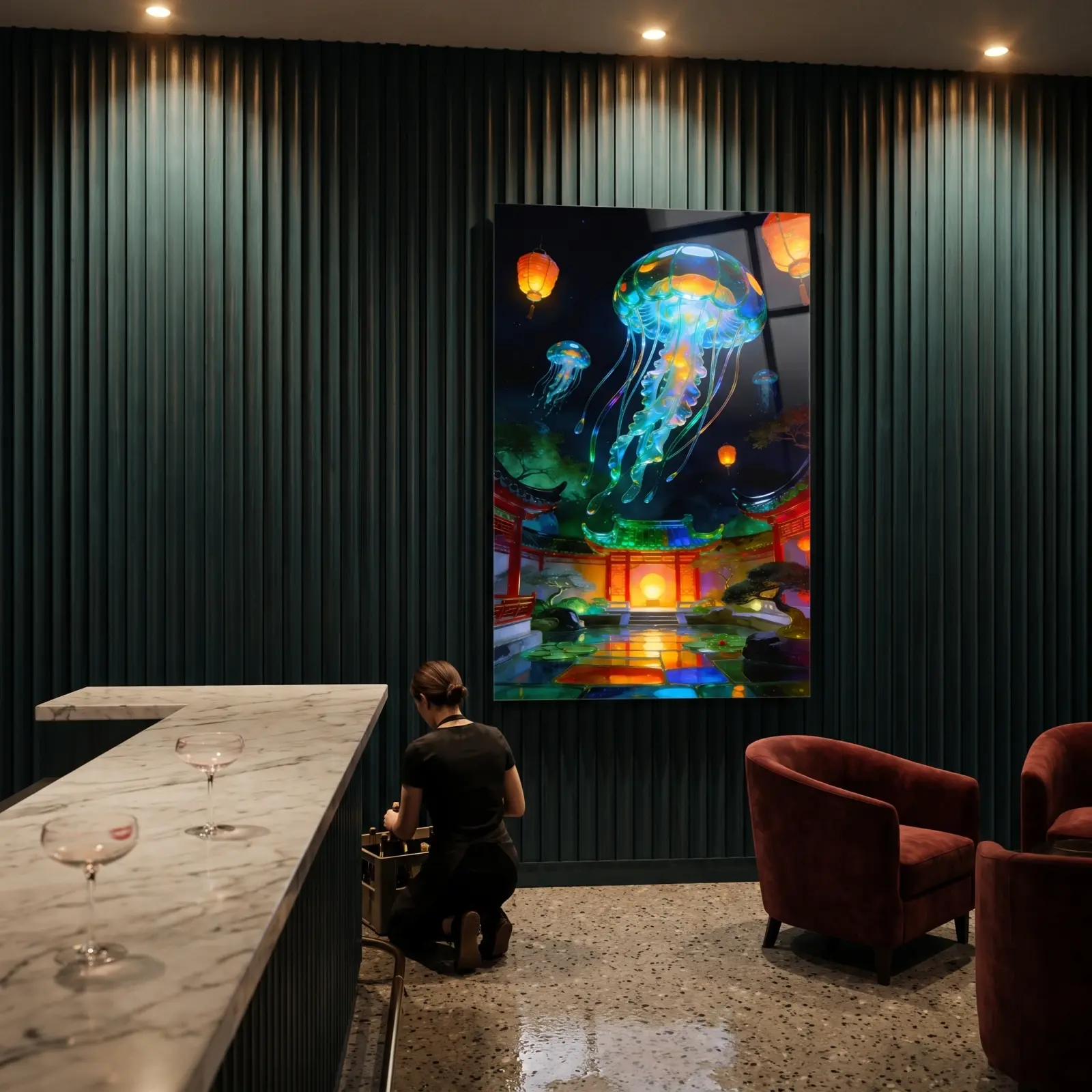 Jellyfish Lantern Garden Night Scene | Glass Wall Art — 3