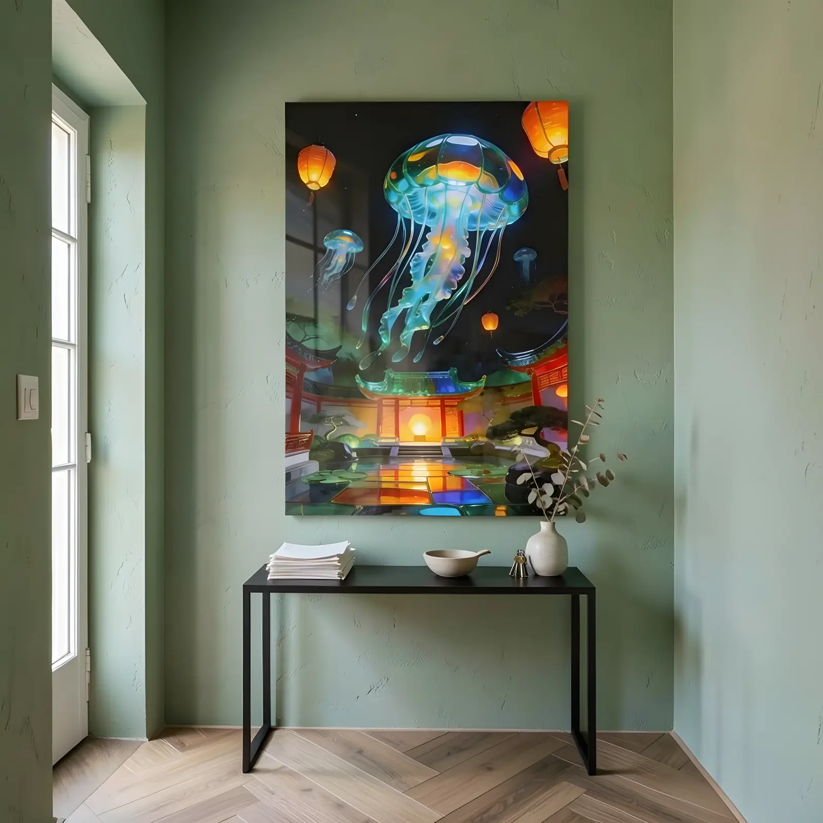 Jellyfish Lantern Garden Night Scene | Glass Wall Art — 4