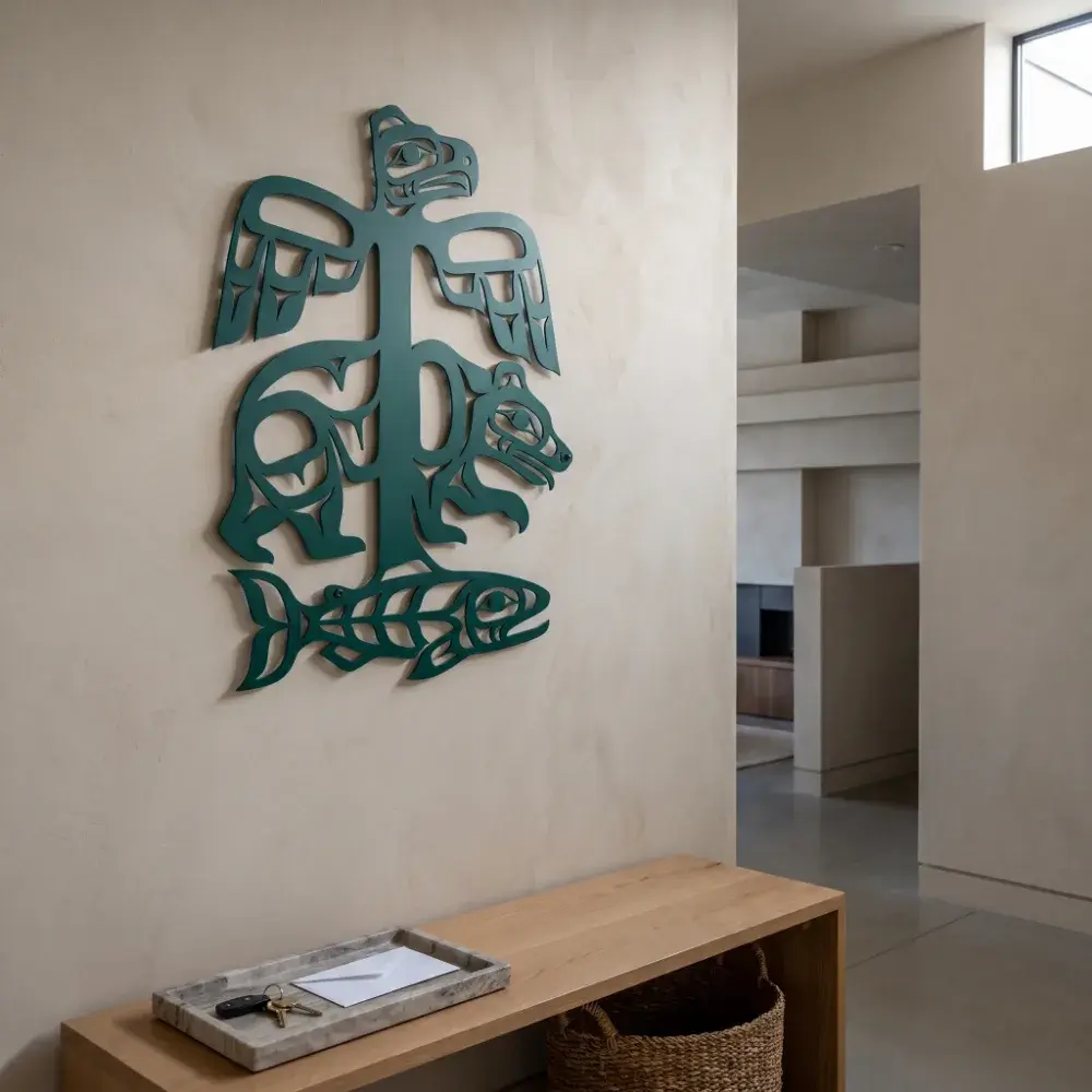 Pacific Northwest Metal Wall Art – Cedar Lineage, Totem Eagle Bear Salmon Living Room Decor