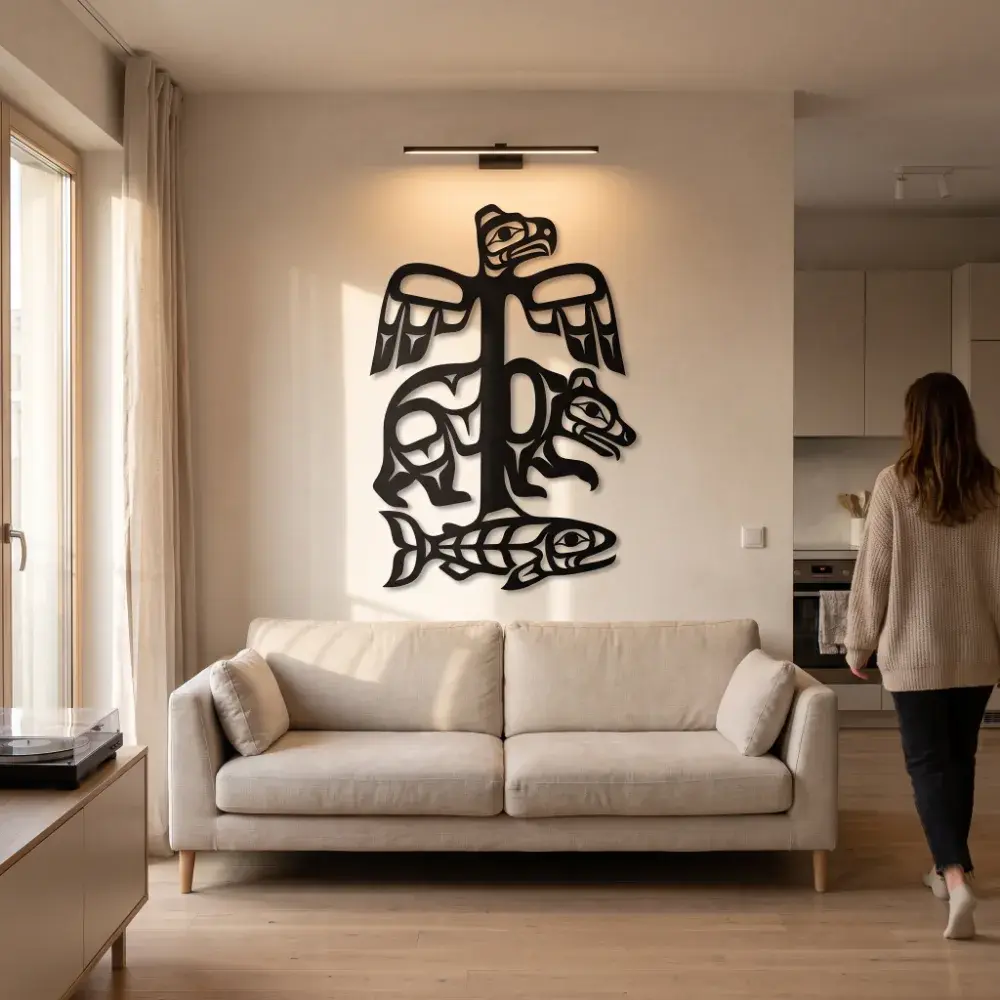 Pacific Northwest Metal Wall Art – Cedar Lineage, Totem Eagle Bear Salmon Living Room Decor — 3