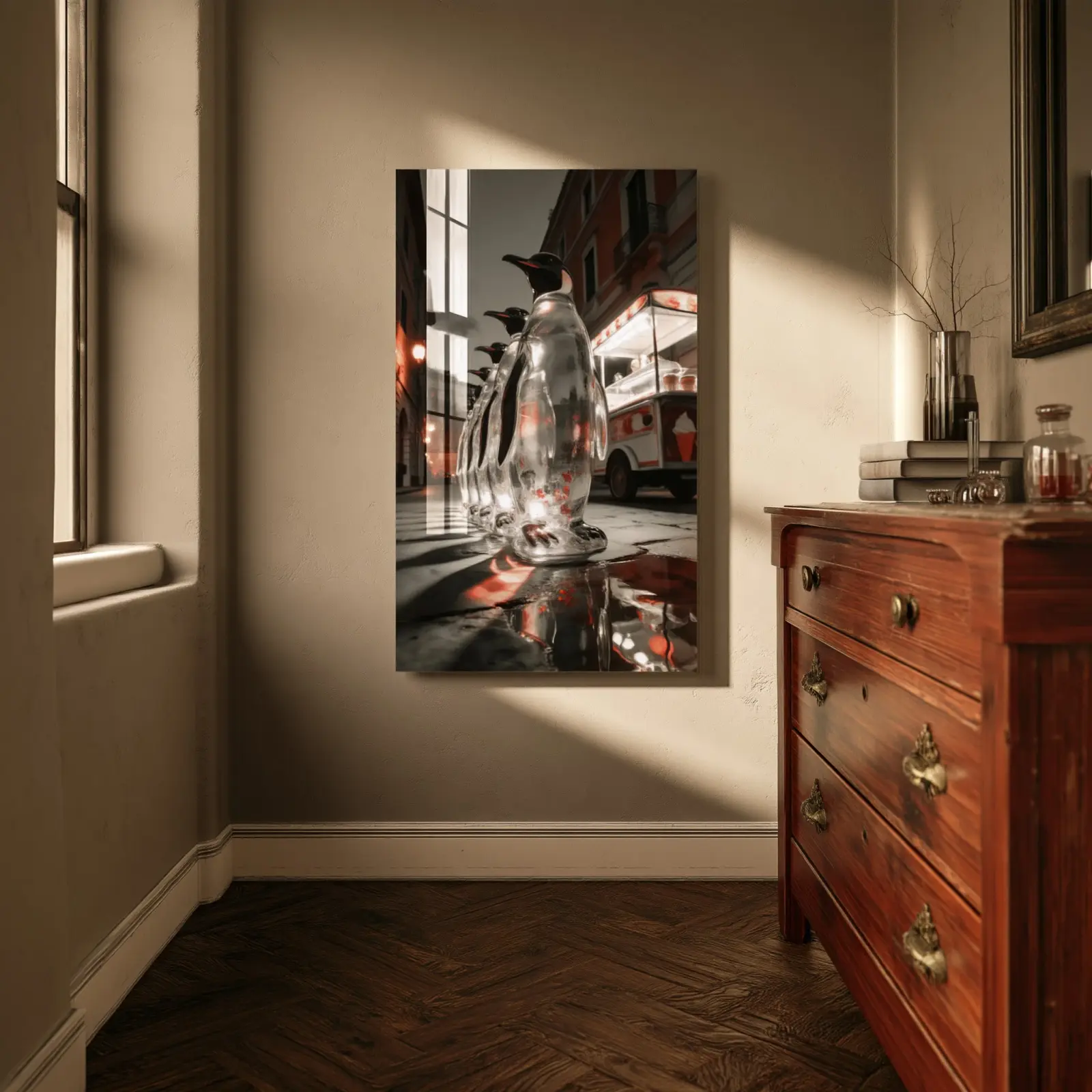 Penguin Queue Night Street Scene | Glass Wall Art