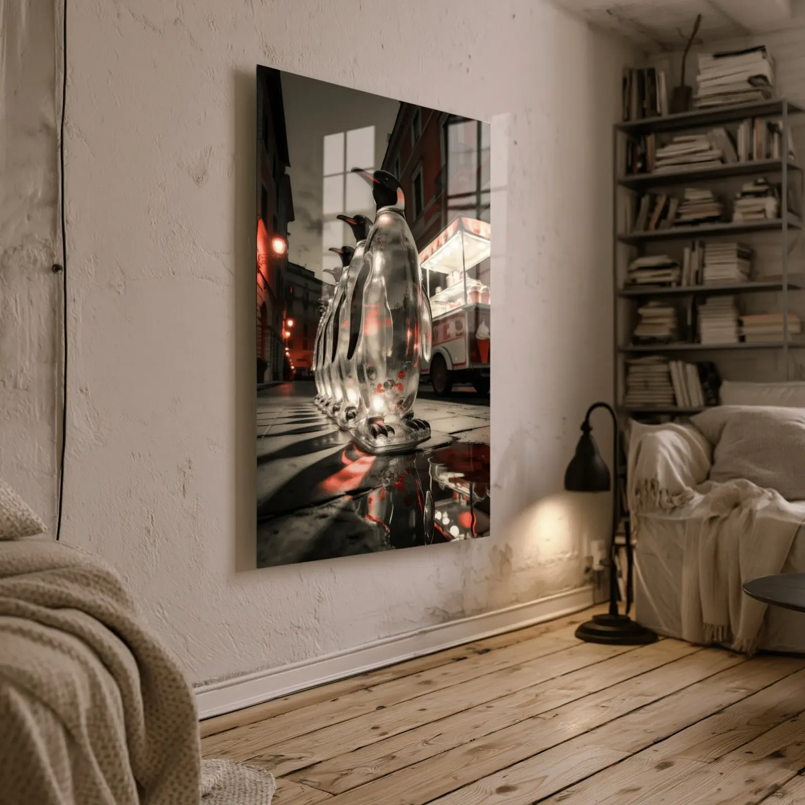 Penguin Queue Night Street Scene | Glass Wall Art — 2