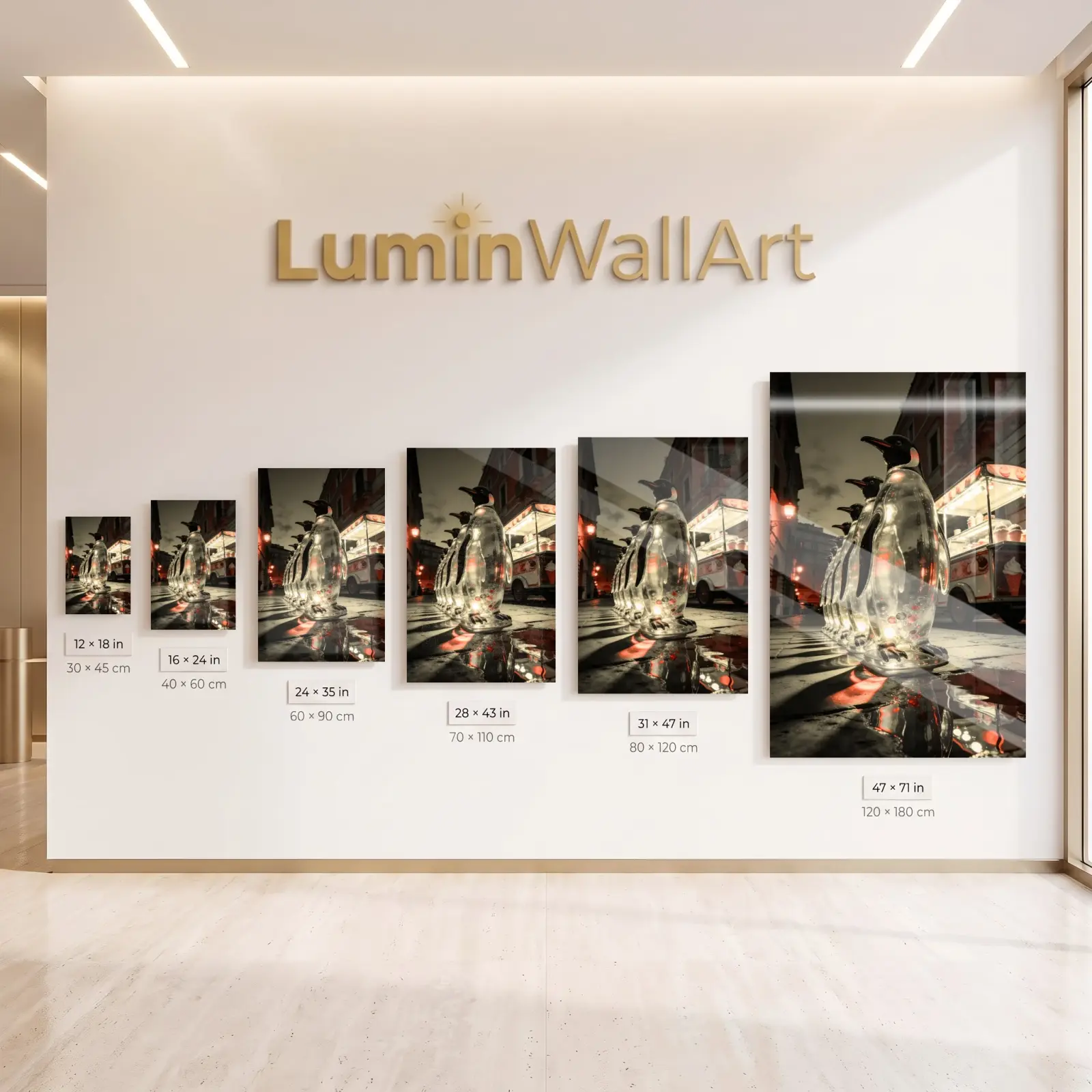 Penguin Queue Night Street Scene | Glass Wall Art — 4