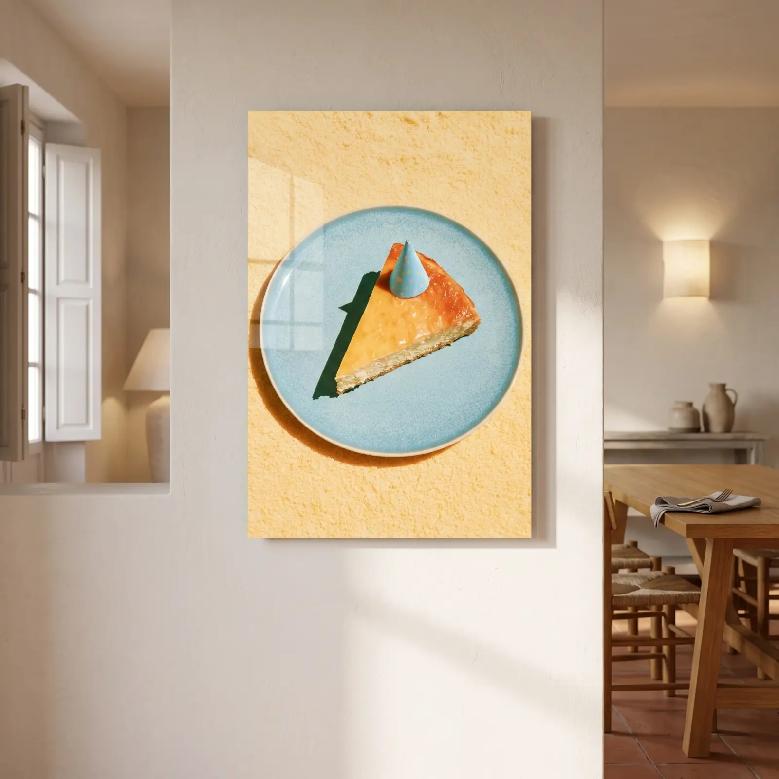 Cheesecake Slice Party Hat Playful Food Photo | Glass Wall Art
