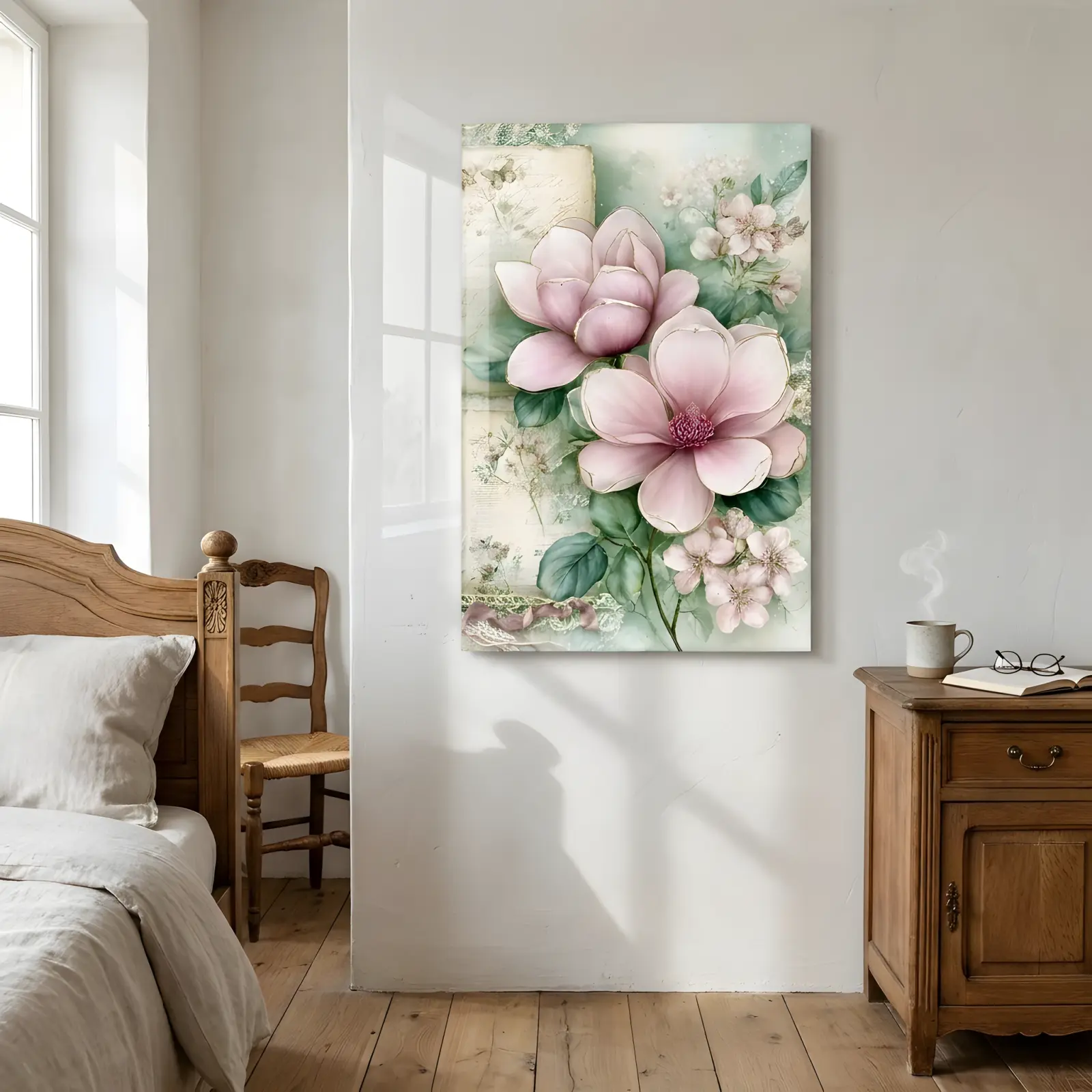 Pink Magnolia Blossom Vintage Letters | Glass Wall Art