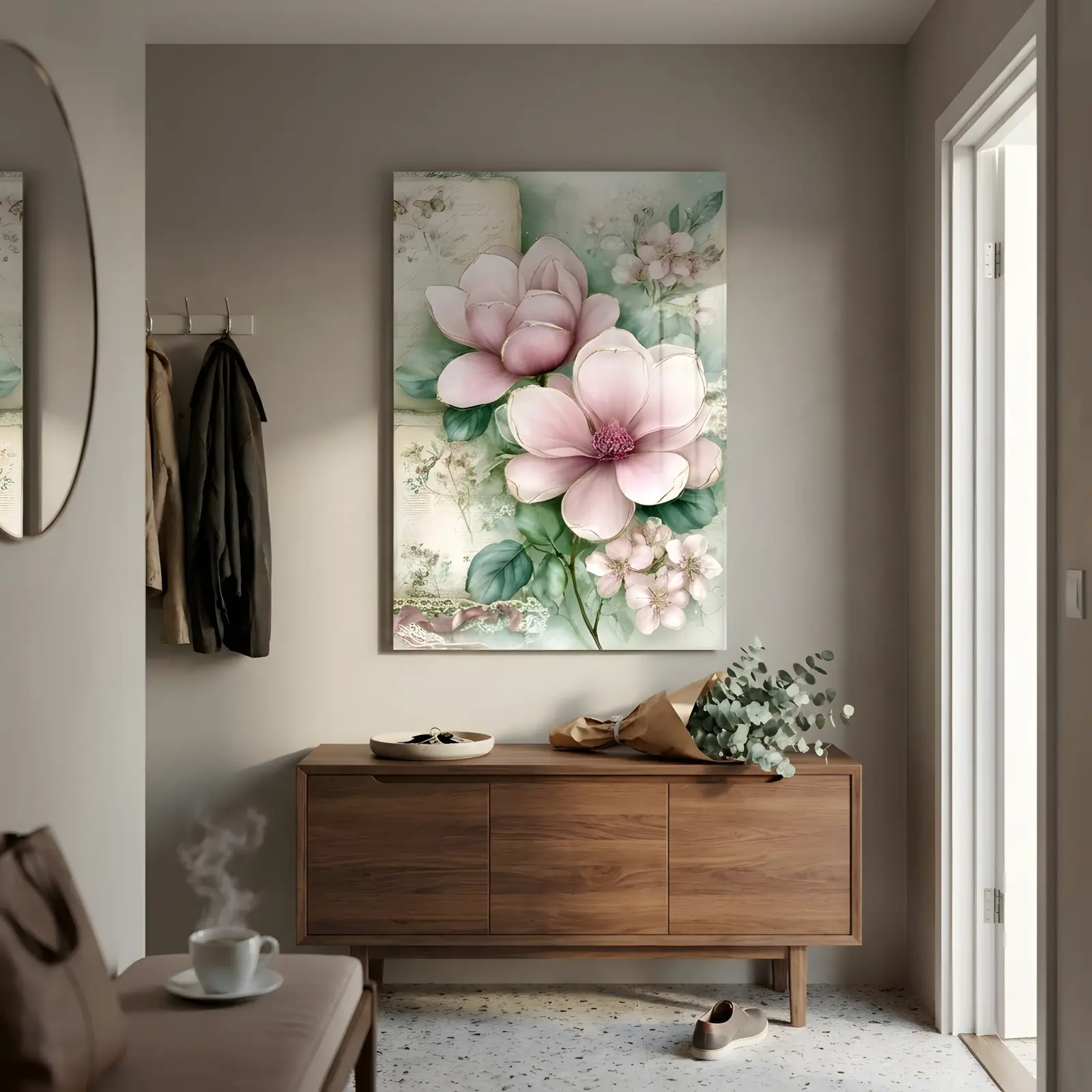 Pink Magnolia Blossom Vintage Letters | Glass Wall Art — 2