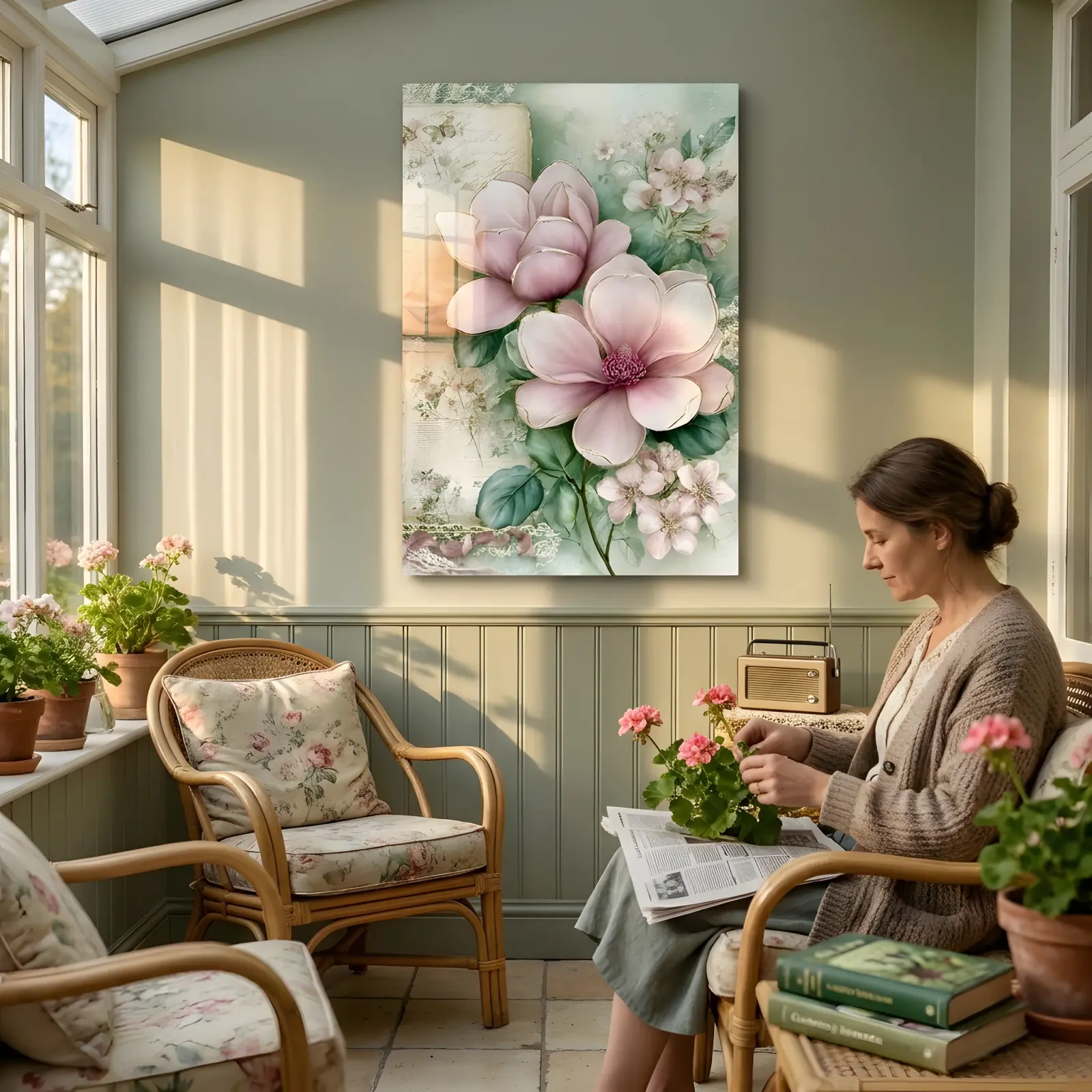 Pink Magnolia Blossom Vintage Letters | Glass Wall Art — 3