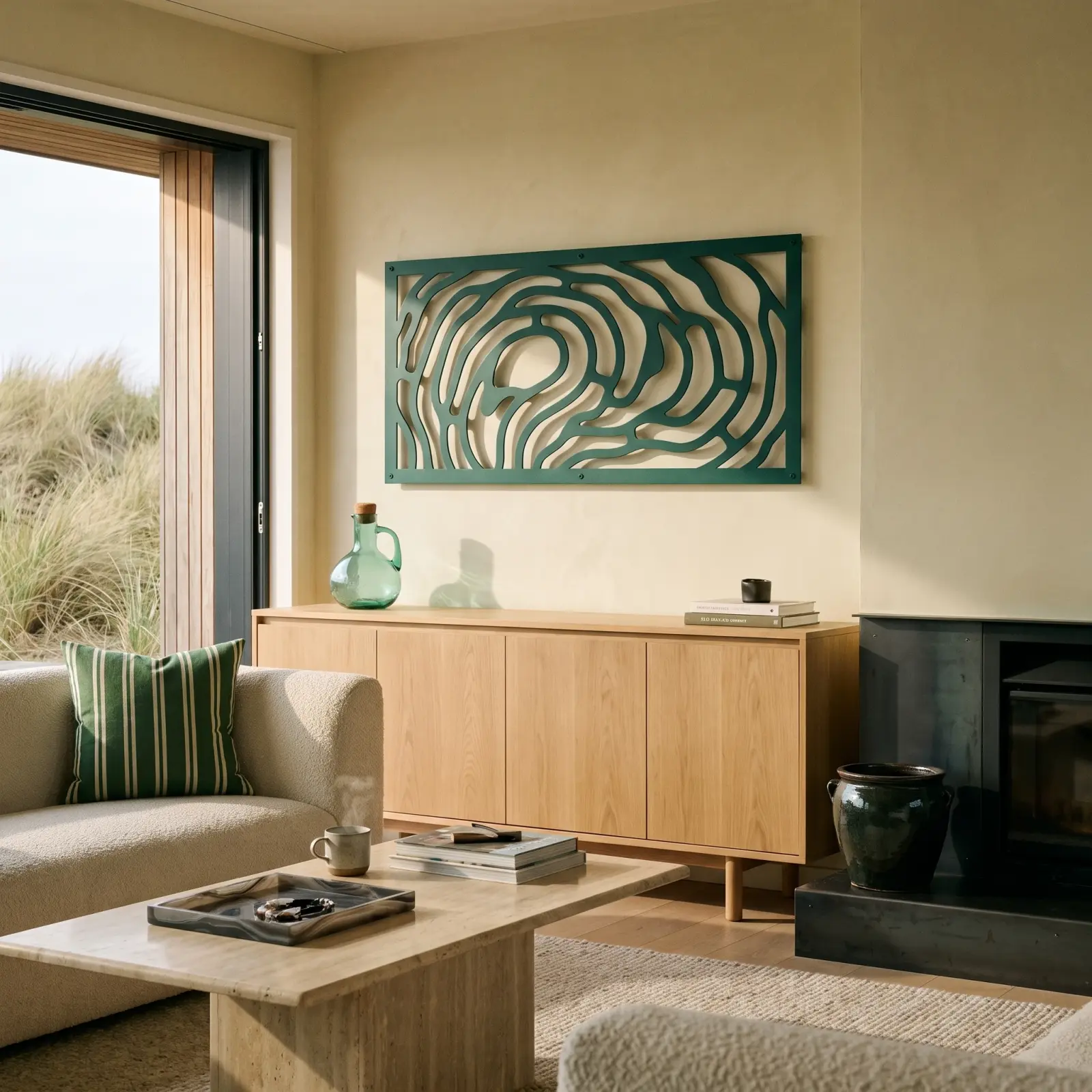 Abstract Wave Lines Metal Wall Art – Current Fold, Beach House Living Room Decor