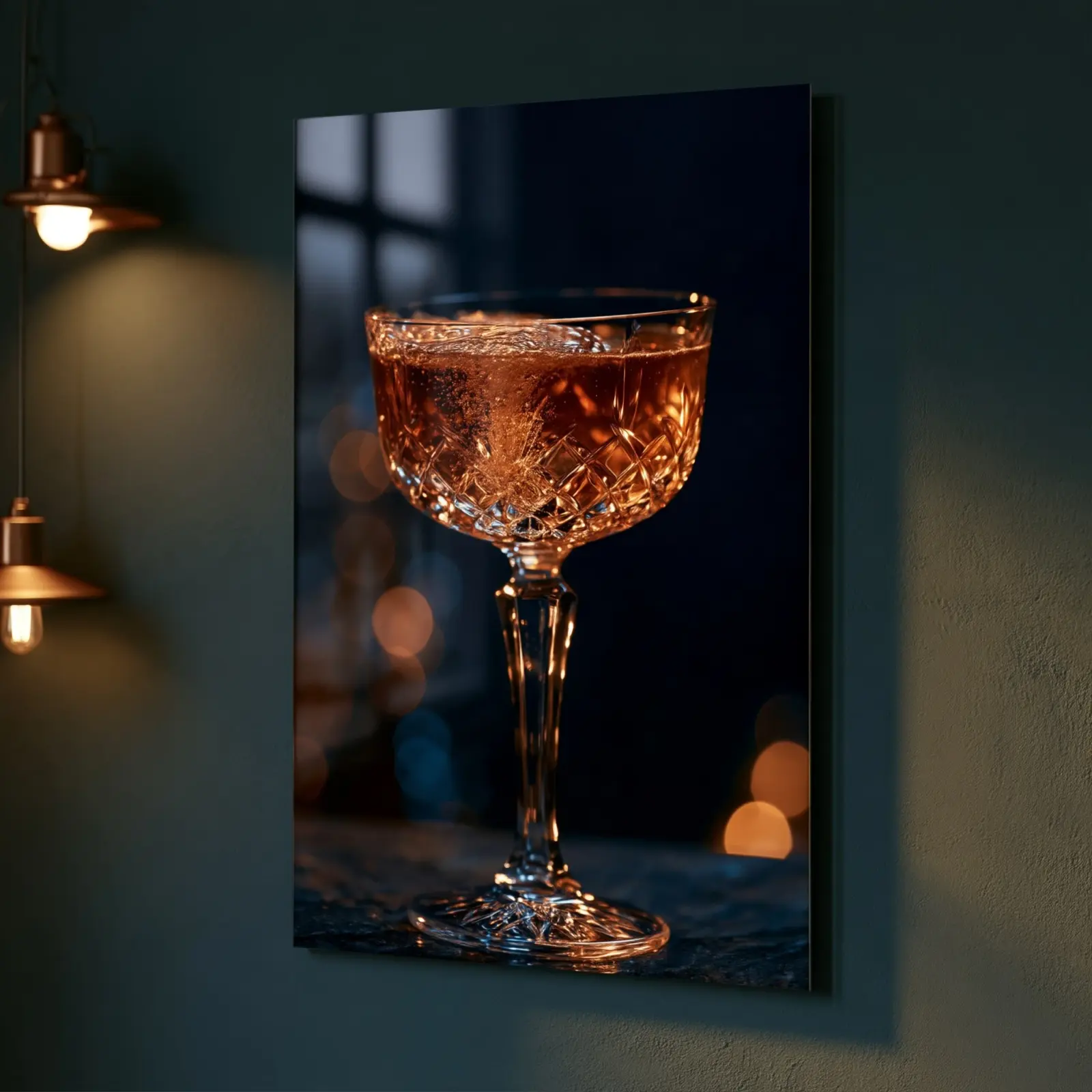 Cocktail Bar Wall Art Amber Coupe Moody Bokeh | Glass Wall Art