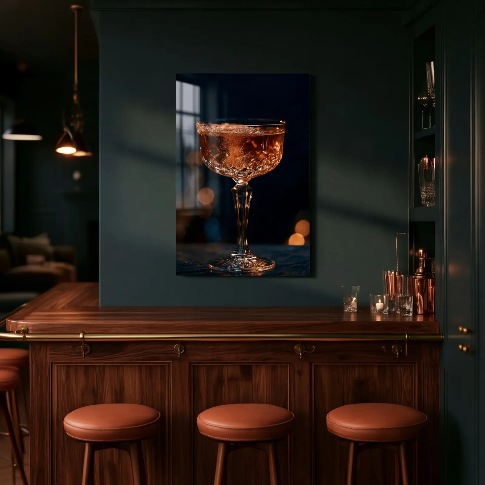 Cocktail Bar Wall Art Amber Coupe Moody Bokeh | Glass Wall Art — 2