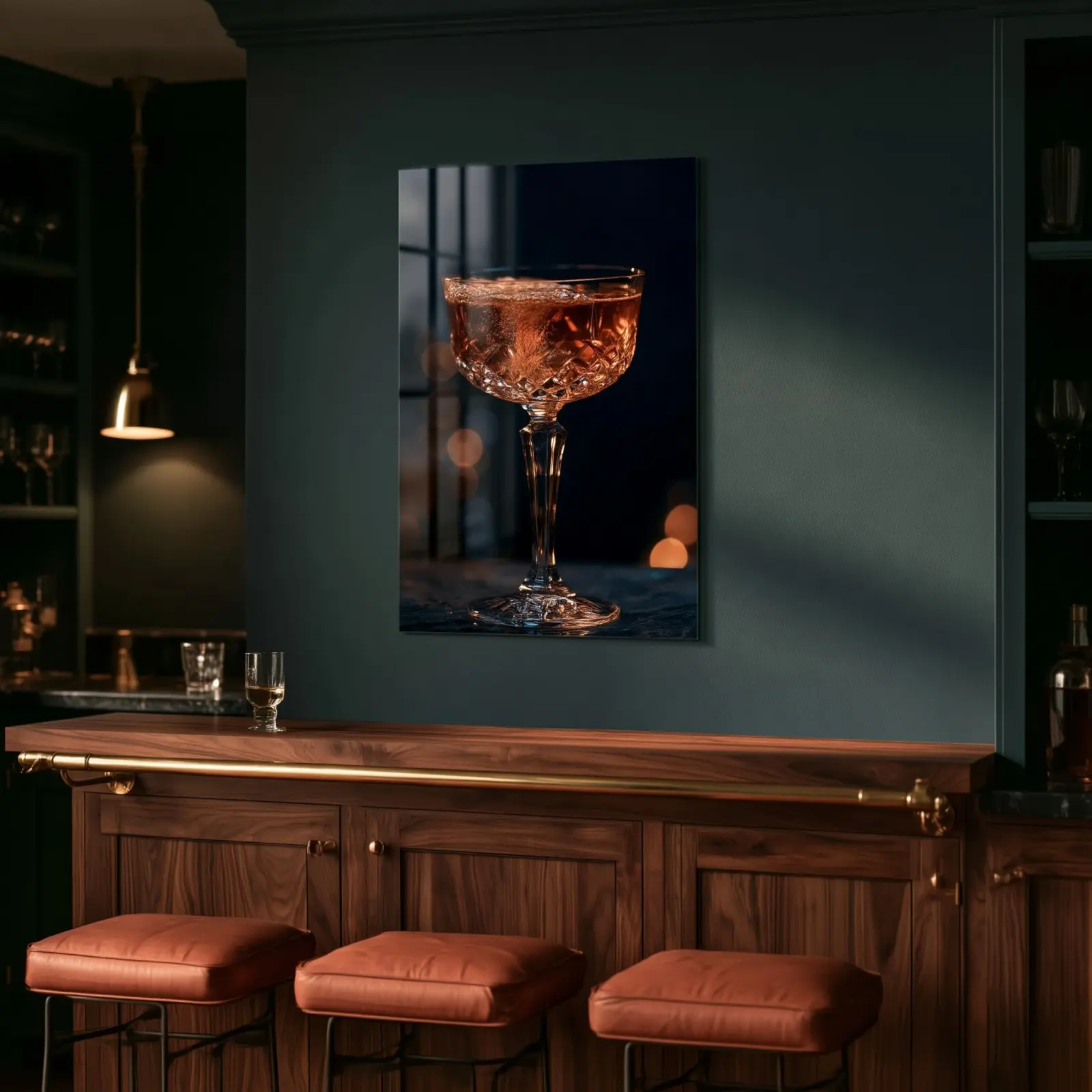 Cocktail Bar Wall Art Amber Coupe Moody Bokeh | Glass Wall Art — 3