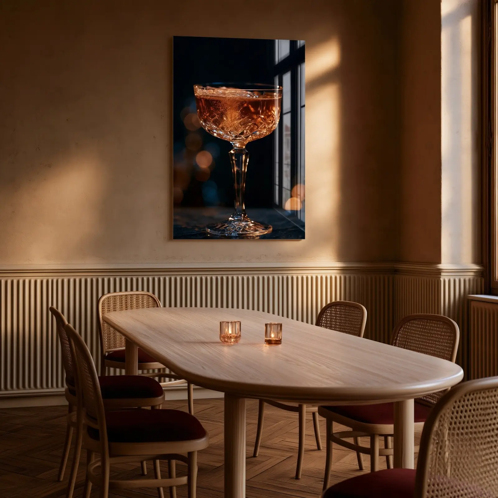 Cocktail Bar Wall Art Amber Coupe Moody Bokeh | Glass Wall Art — 4