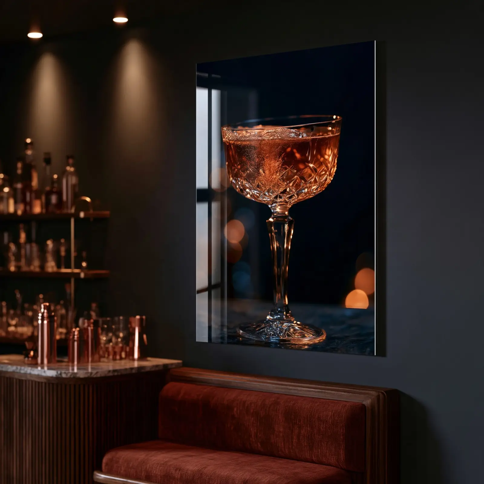 Cocktail Bar Wall Art Amber Coupe Moody Bokeh | Glass Wall Art — 6