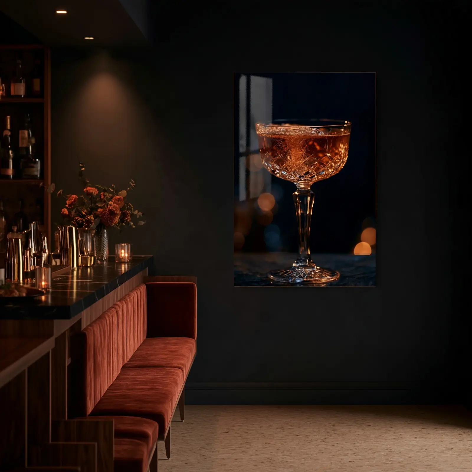 Cocktail Bar Wall Art Amber Coupe Moody Bokeh | Glass Wall Art — 7