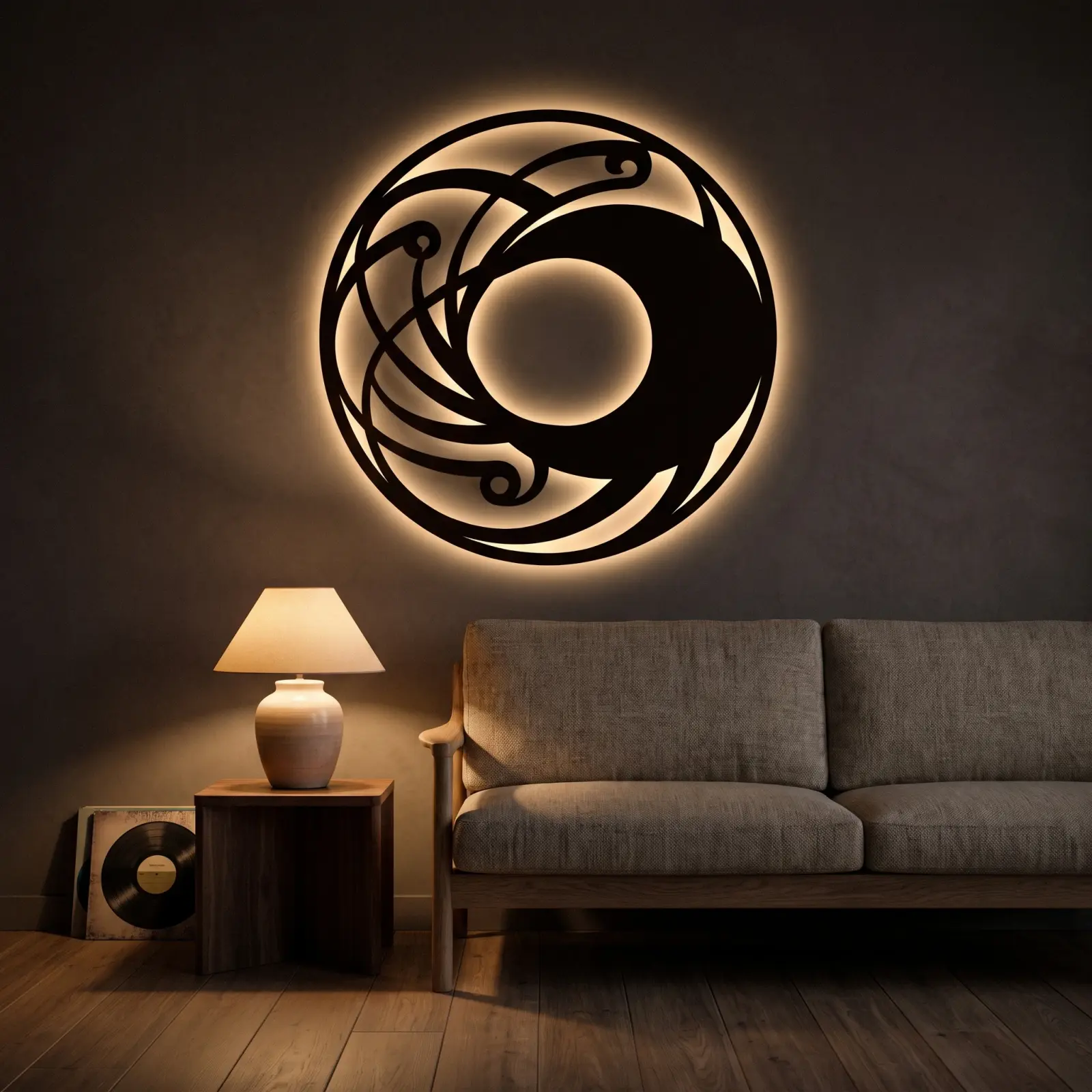 Crescent Moon Metal LED Wall Art – Lunar Coil, Modern Living Room Decor