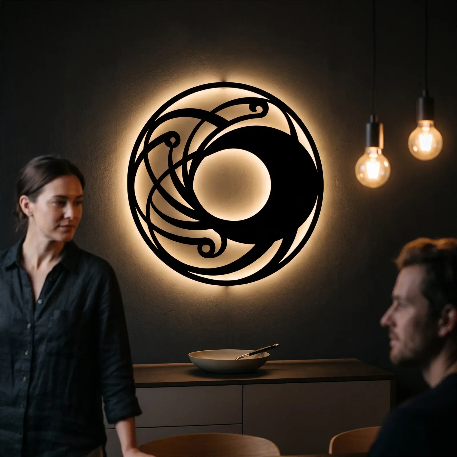 Crescent Moon Metal LED Wall Art – Lunar Coil, Modern Living Room Decor — 9