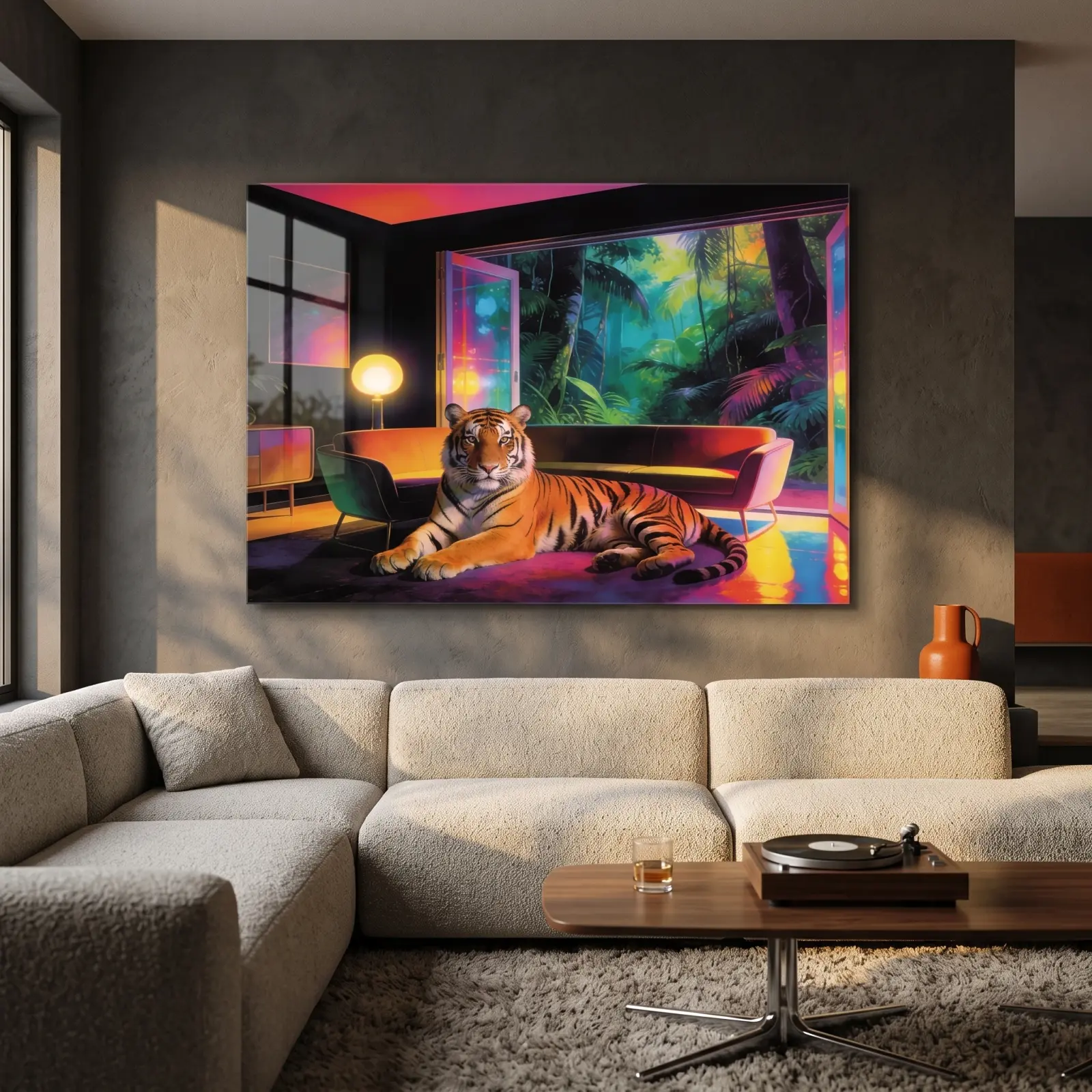 Neon Tiger Jungle Lounge Retro Interior Scene | Glass Wall Art