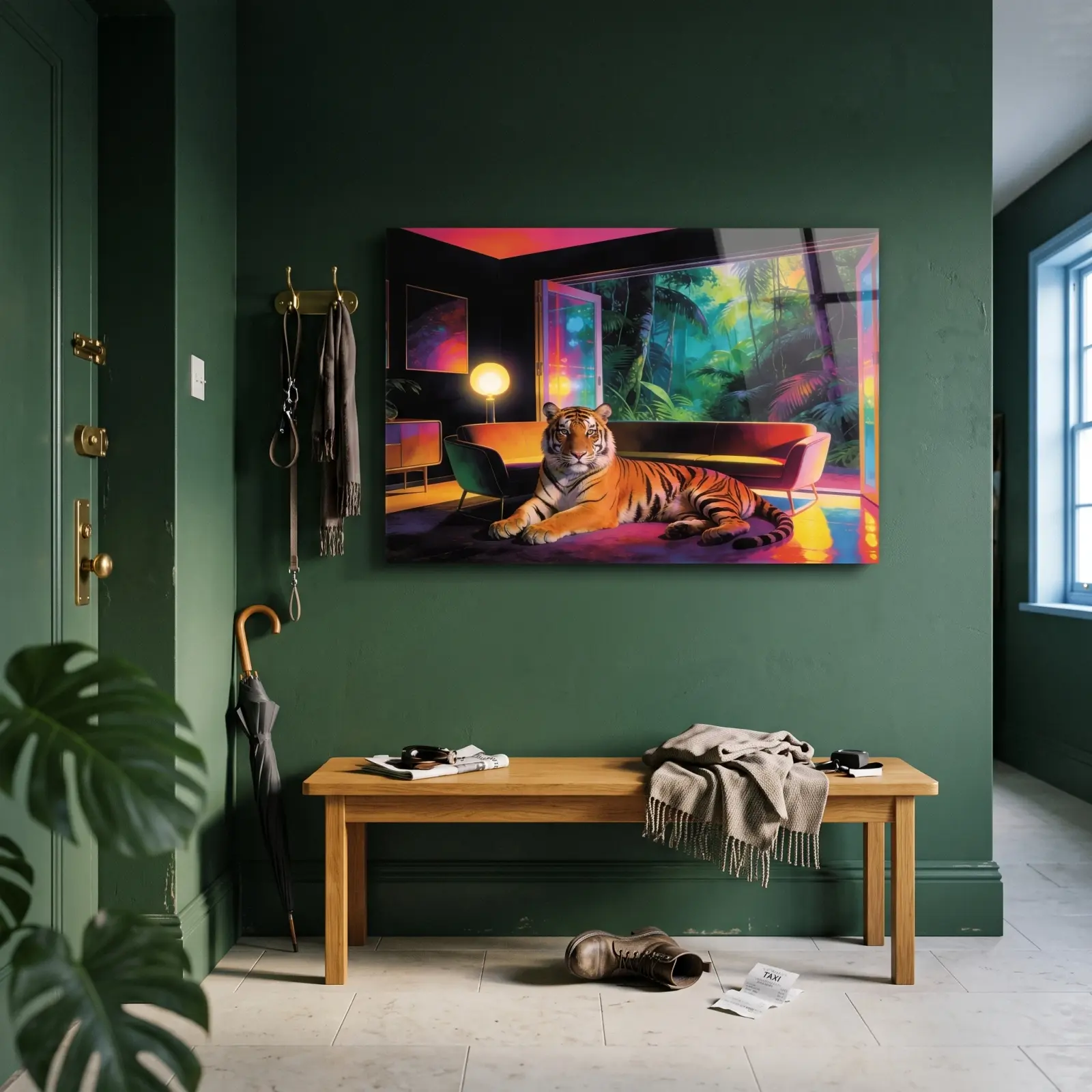 Neon Tiger Jungle Lounge Retro Interior Scene | Glass Wall Art — 2