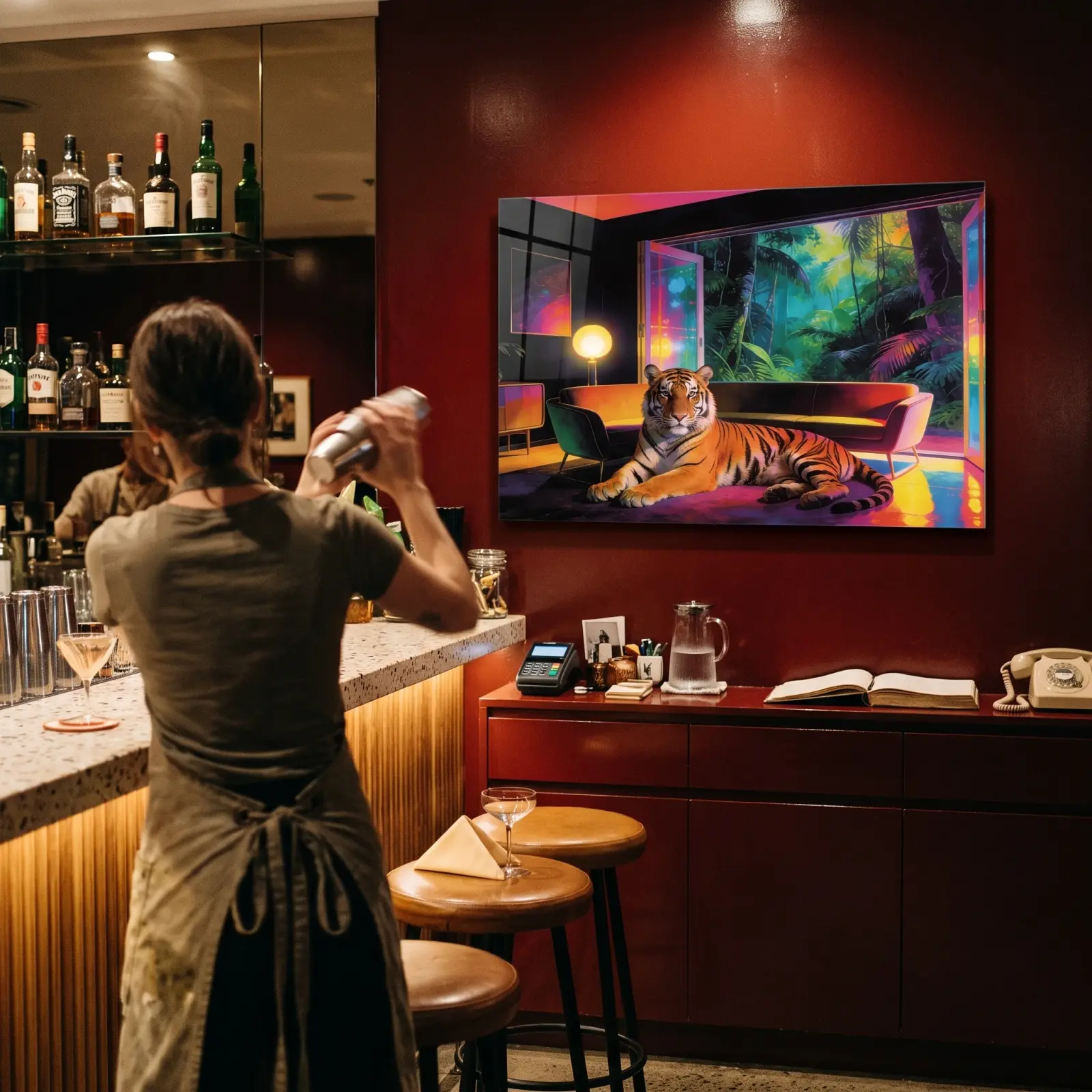 Neon Tiger Jungle Lounge Retro Interior Scene | Glass Wall Art — 3