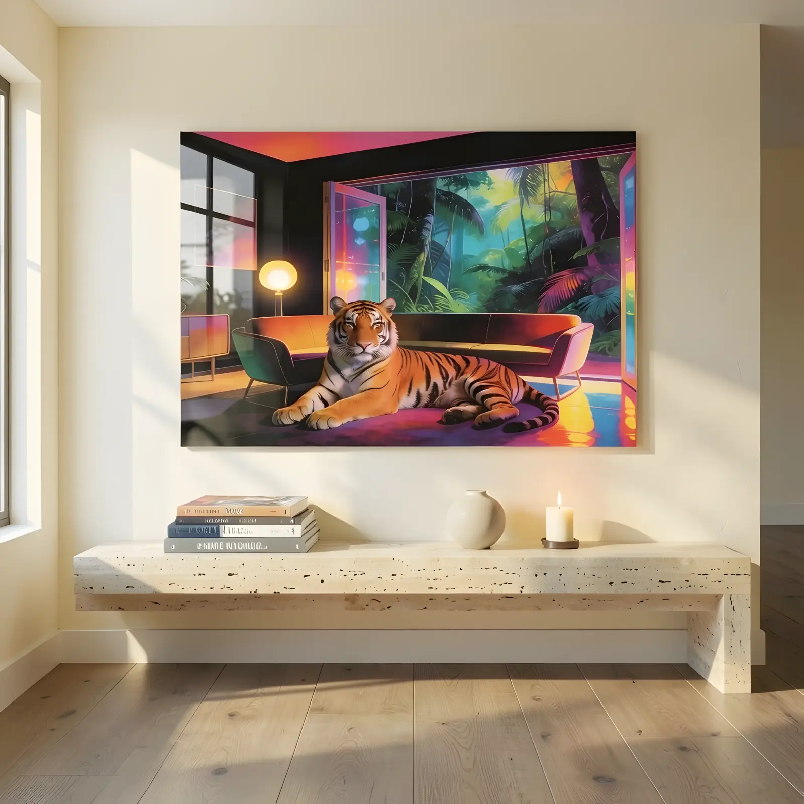 Neon Tiger Jungle Lounge Retro Interior Scene | Glass Wall Art — 4
