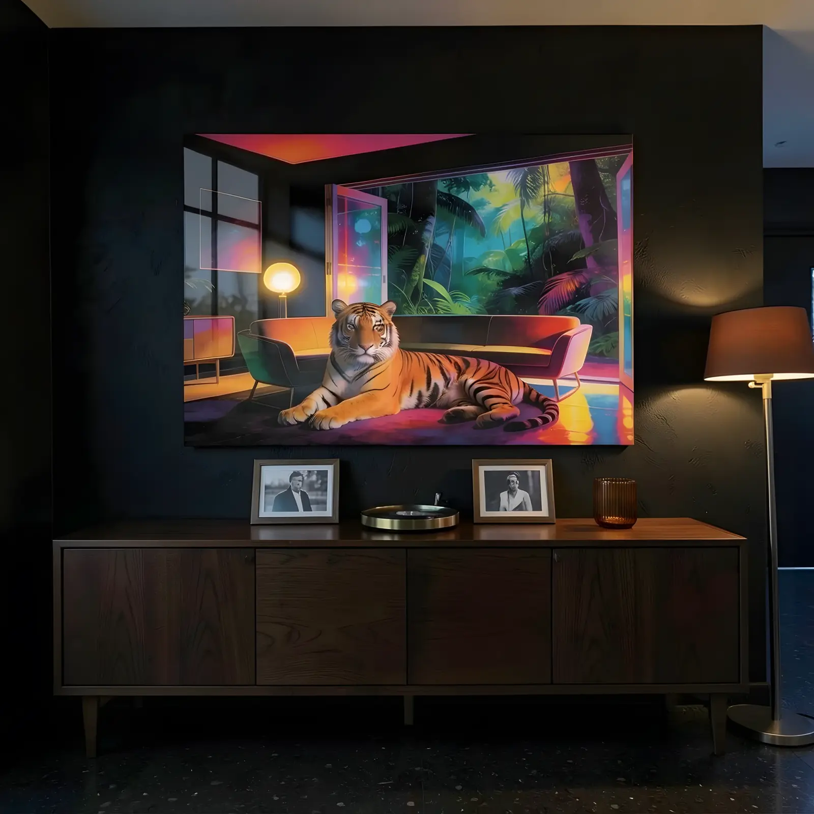 Neon Tiger Jungle Lounge Retro Interior Scene | Glass Wall Art — 5