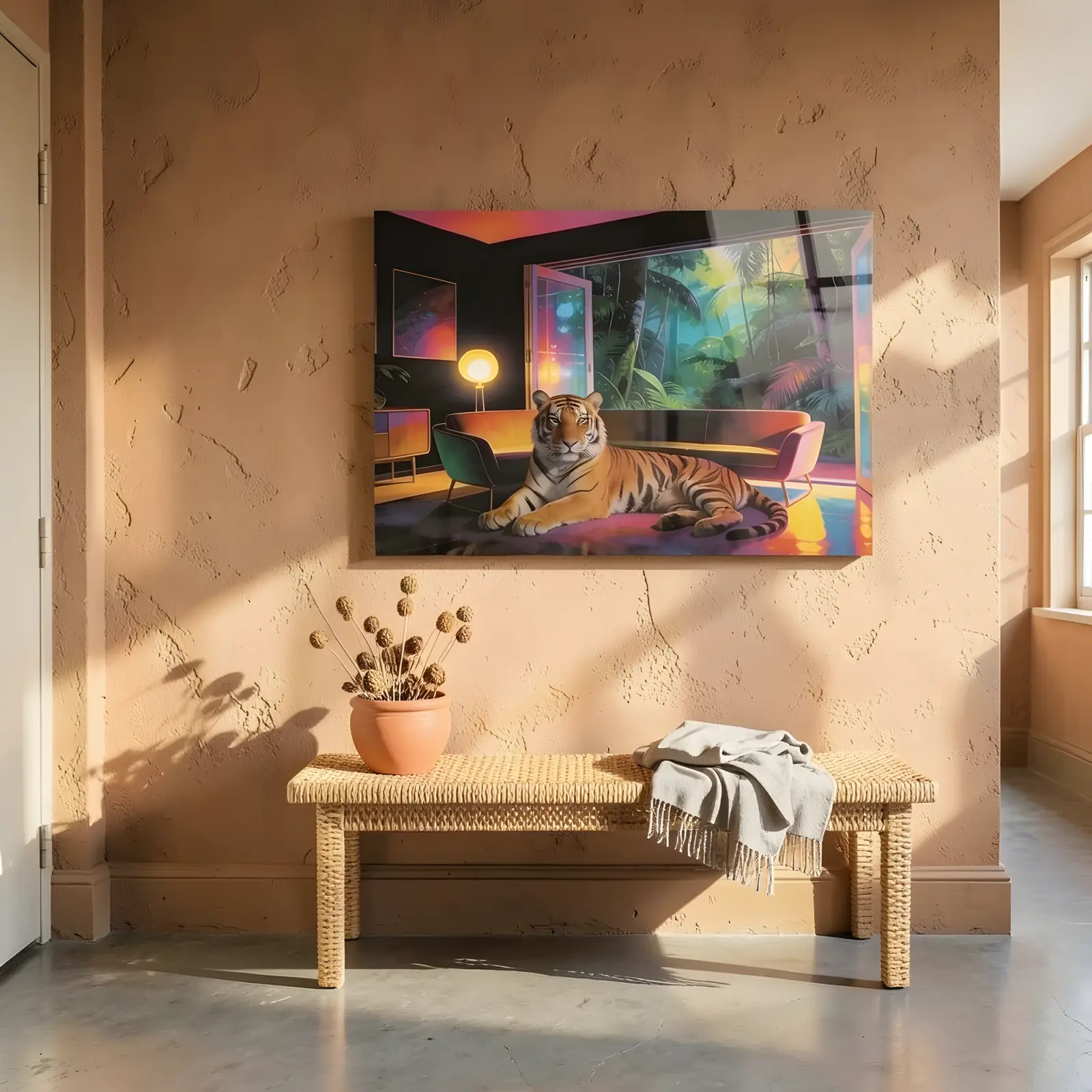 Neon Tiger Jungle Lounge Retro Interior Scene | Glass Wall Art — 6