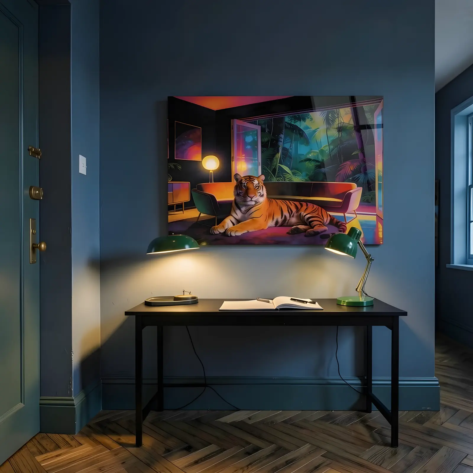 Neon Tiger Jungle Lounge Retro Interior Scene | Glass Wall Art — 7