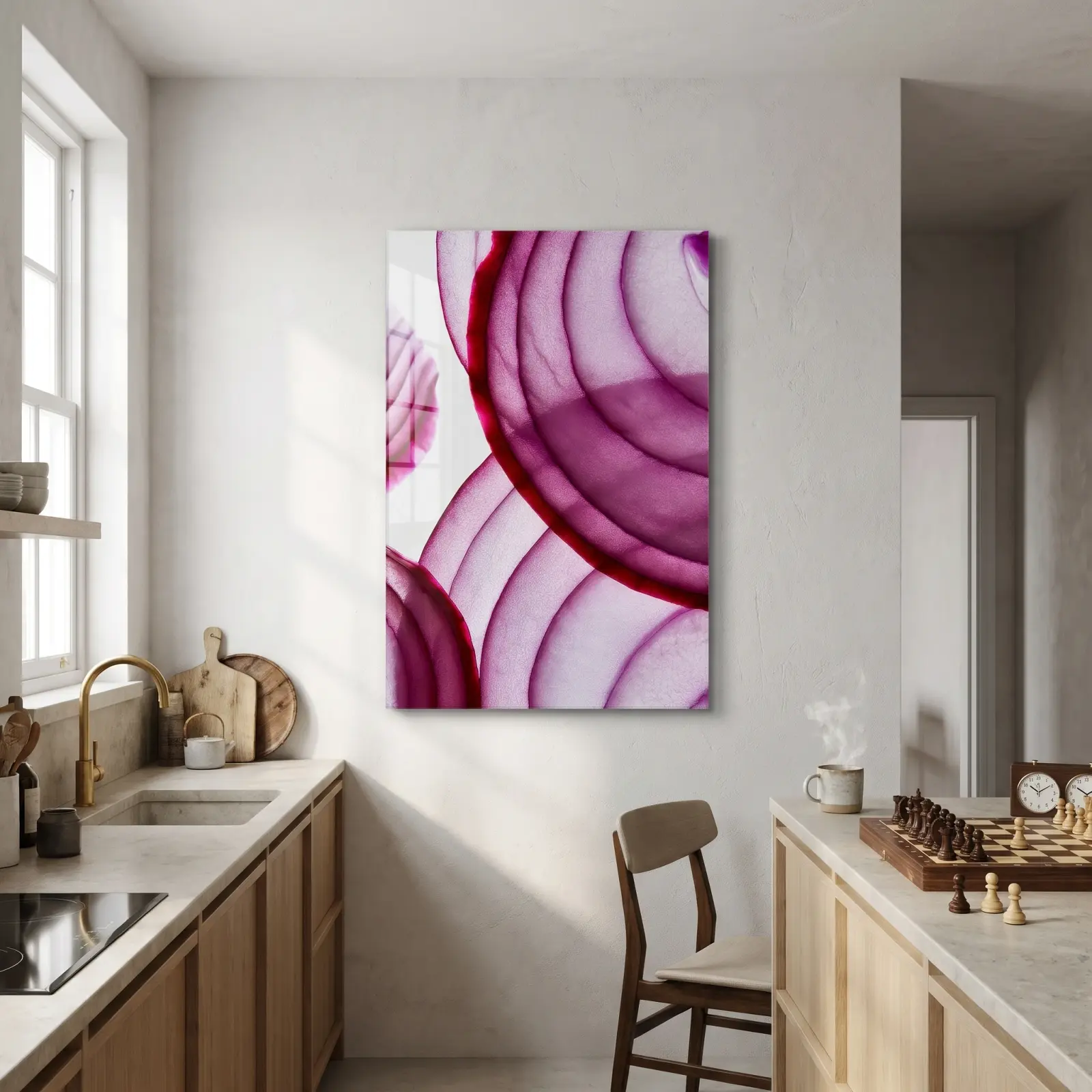 Red Onion Macro Kitchen Art Magenta Botanical | Glass Wall Art