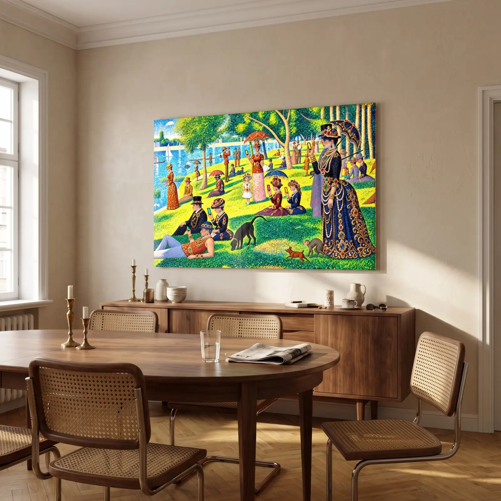 Pointillist Park Picnic Scene Satire | Glass Wall Art