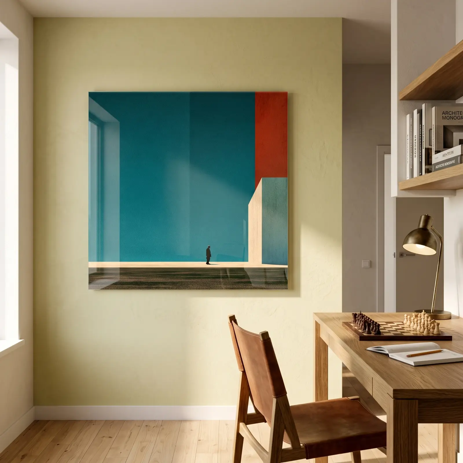 Minimalist Teal Architecture Solitary Figure | Glass Wall Art