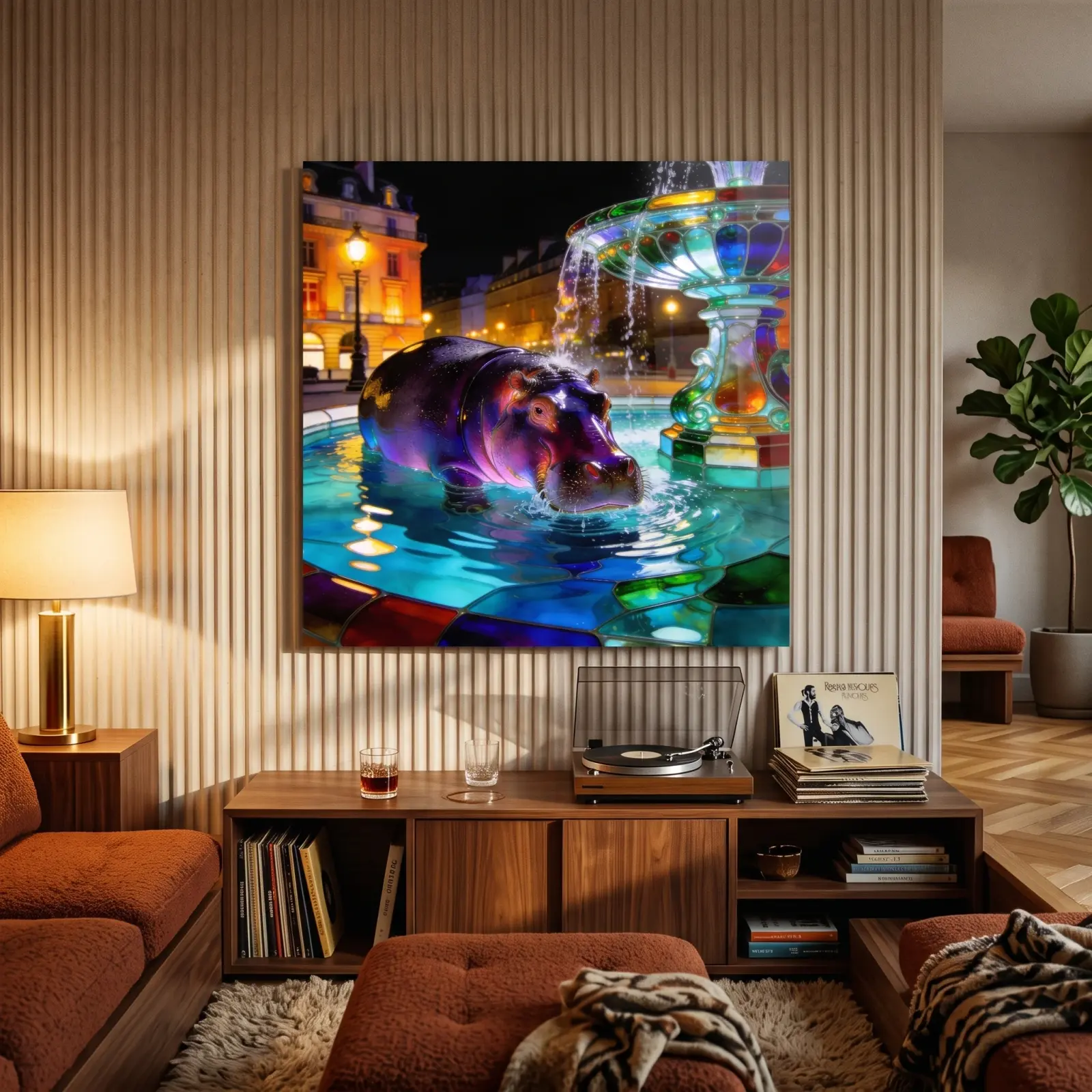 Hippo Fountain Night Scene Stained Glass Style | Glass Wall Art