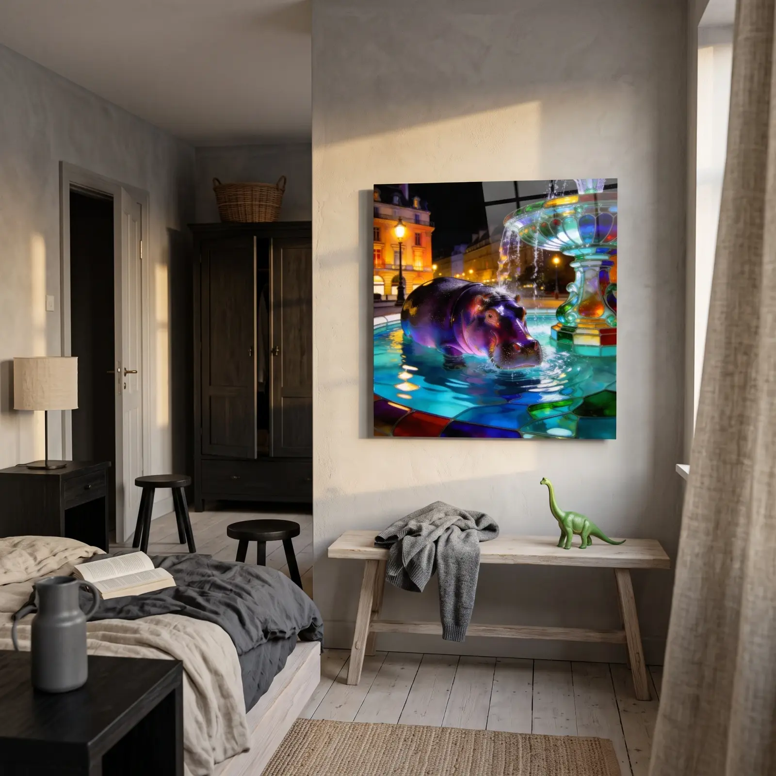 Hippo Fountain Night Scene Stained Glass Style | Glass Wall Art — 2