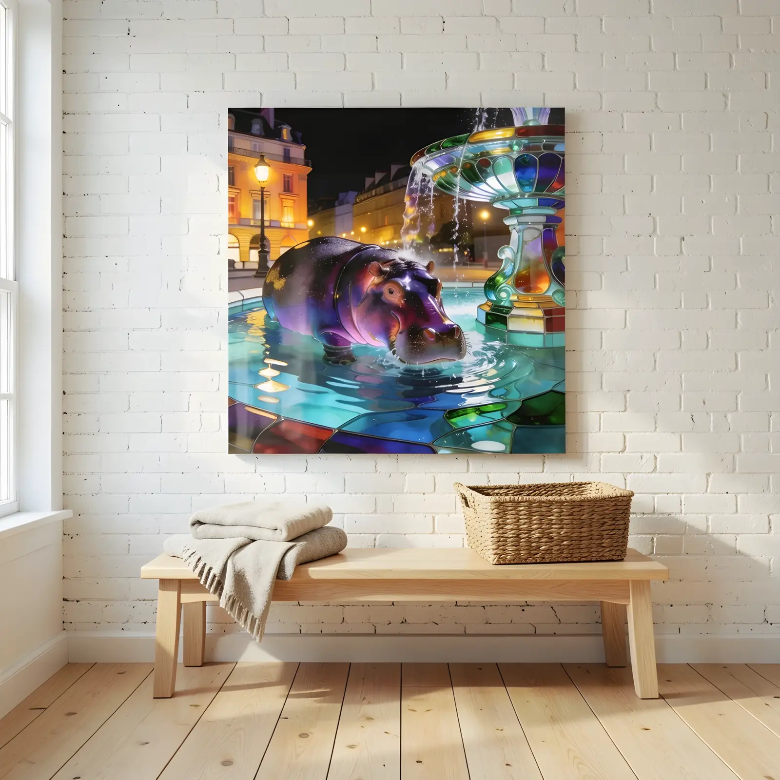 Hippo Fountain Night Scene Stained Glass Style | Glass Wall Art — 4