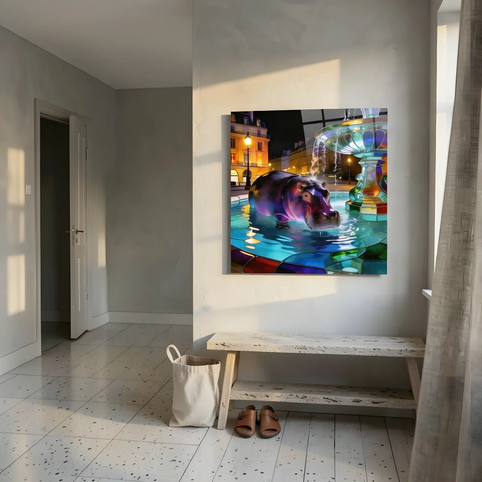 Hippo Fountain Night Scene Stained Glass Style | Glass Wall Art — 6