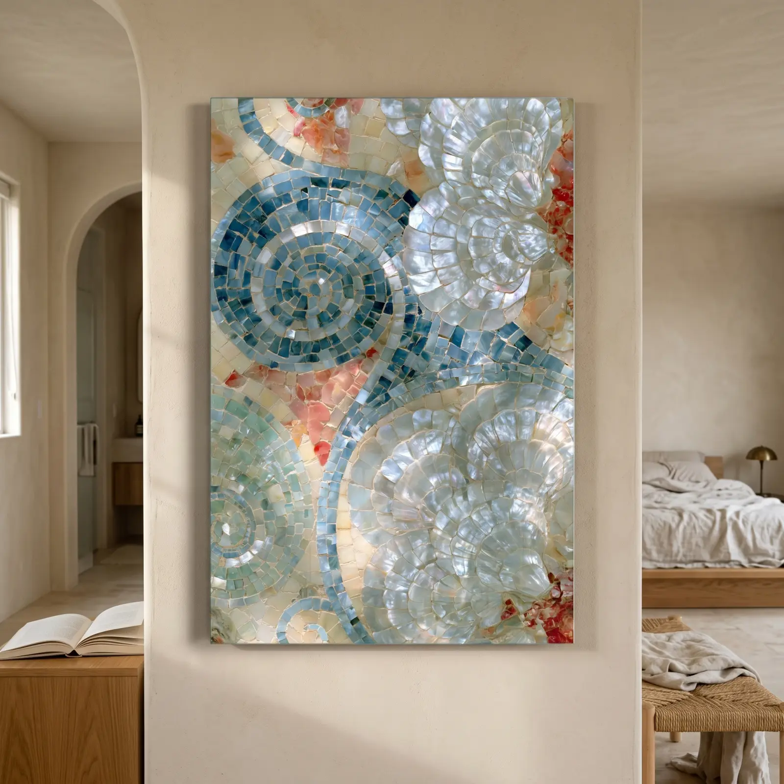 Mosaic Shell Glass Wall Art Coastal Spiral Tile | Tempered Glass Print
