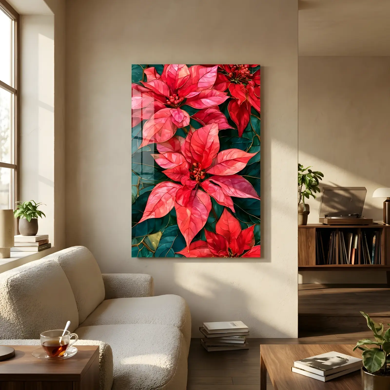 Poinsettia Stained Glass Botanical Red Festive Glass Wall Art
