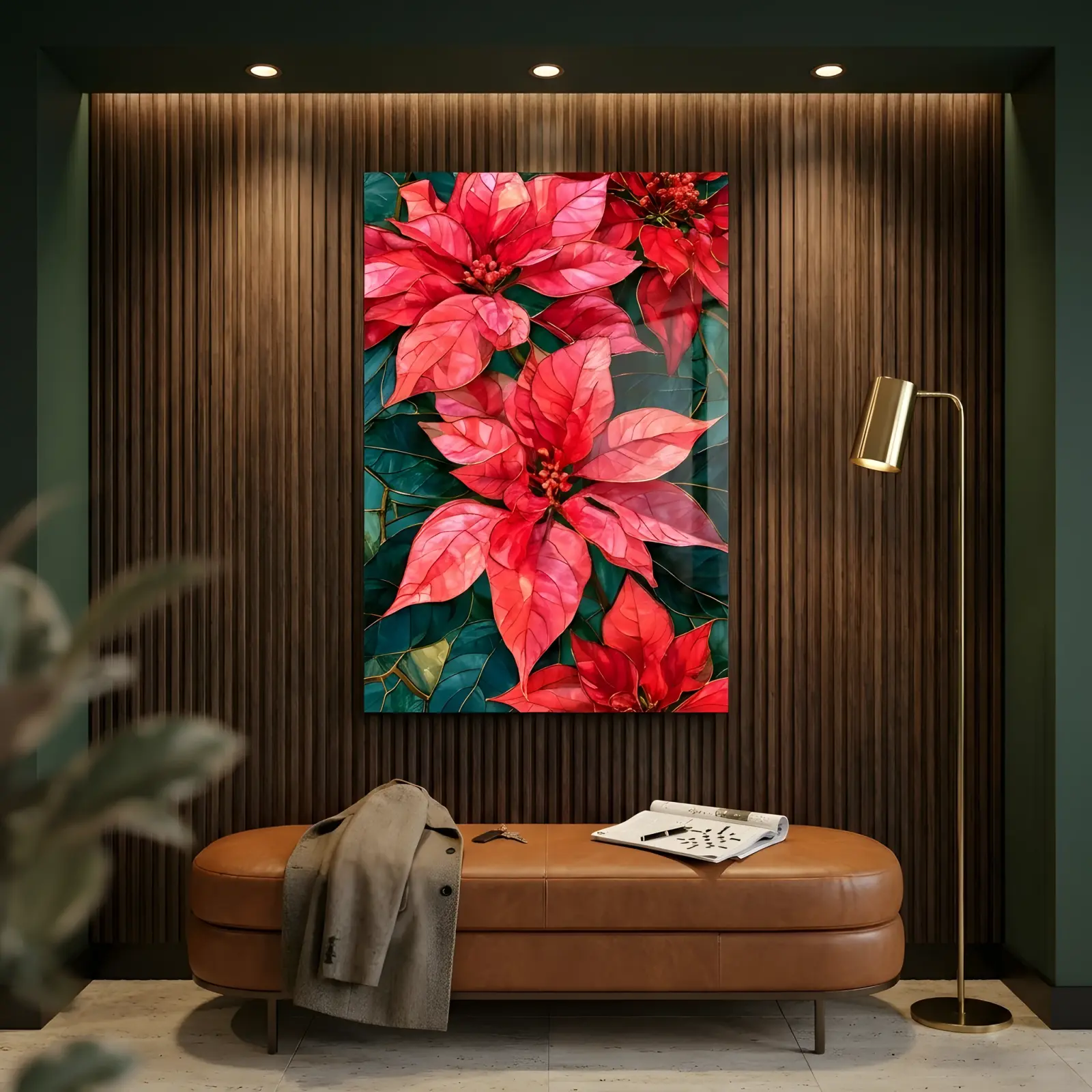 Poinsettia Stained Glass Botanical Red Festive Glass Wall Art — 2