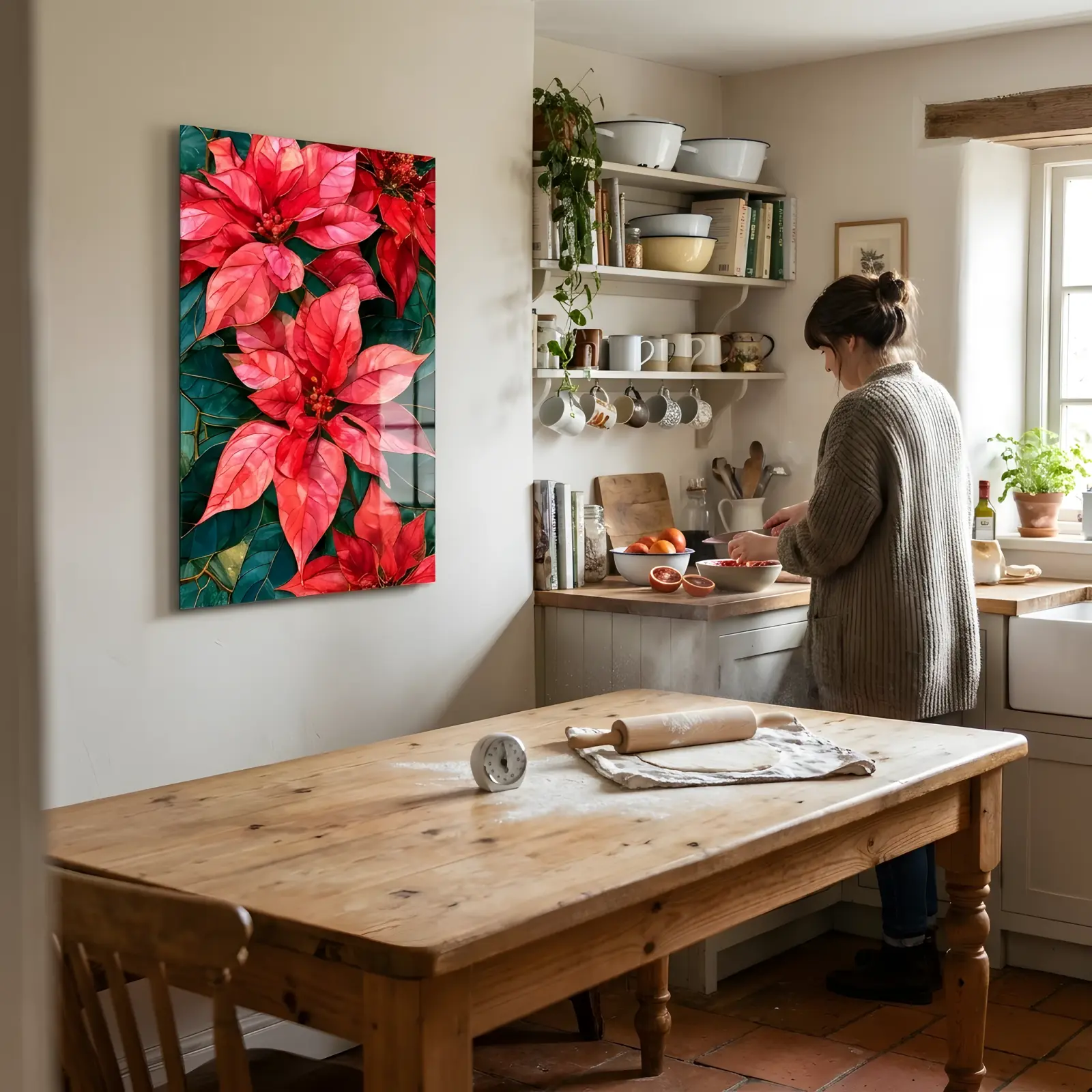 Poinsettia Stained Glass Botanical Red Festive Glass Wall Art — 3