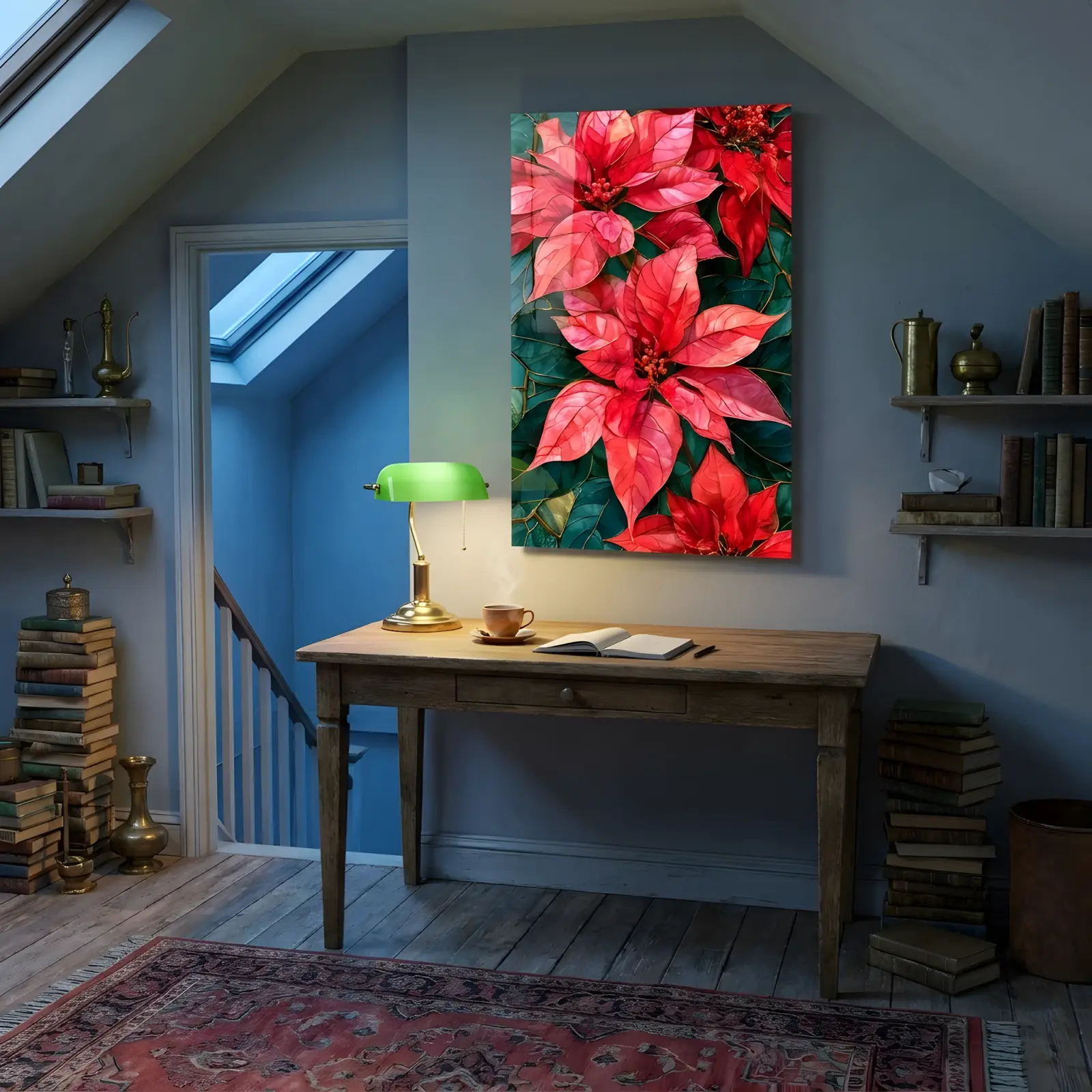 Poinsettia Stained Glass Botanical Red Festive Glass Wall Art — 4