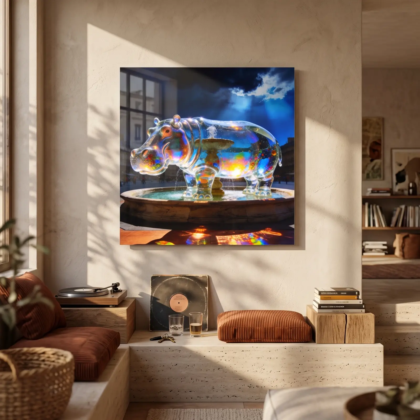 Glass Hippo Wall Art Surreal Fountain Night Scene | Glass Wall Art
