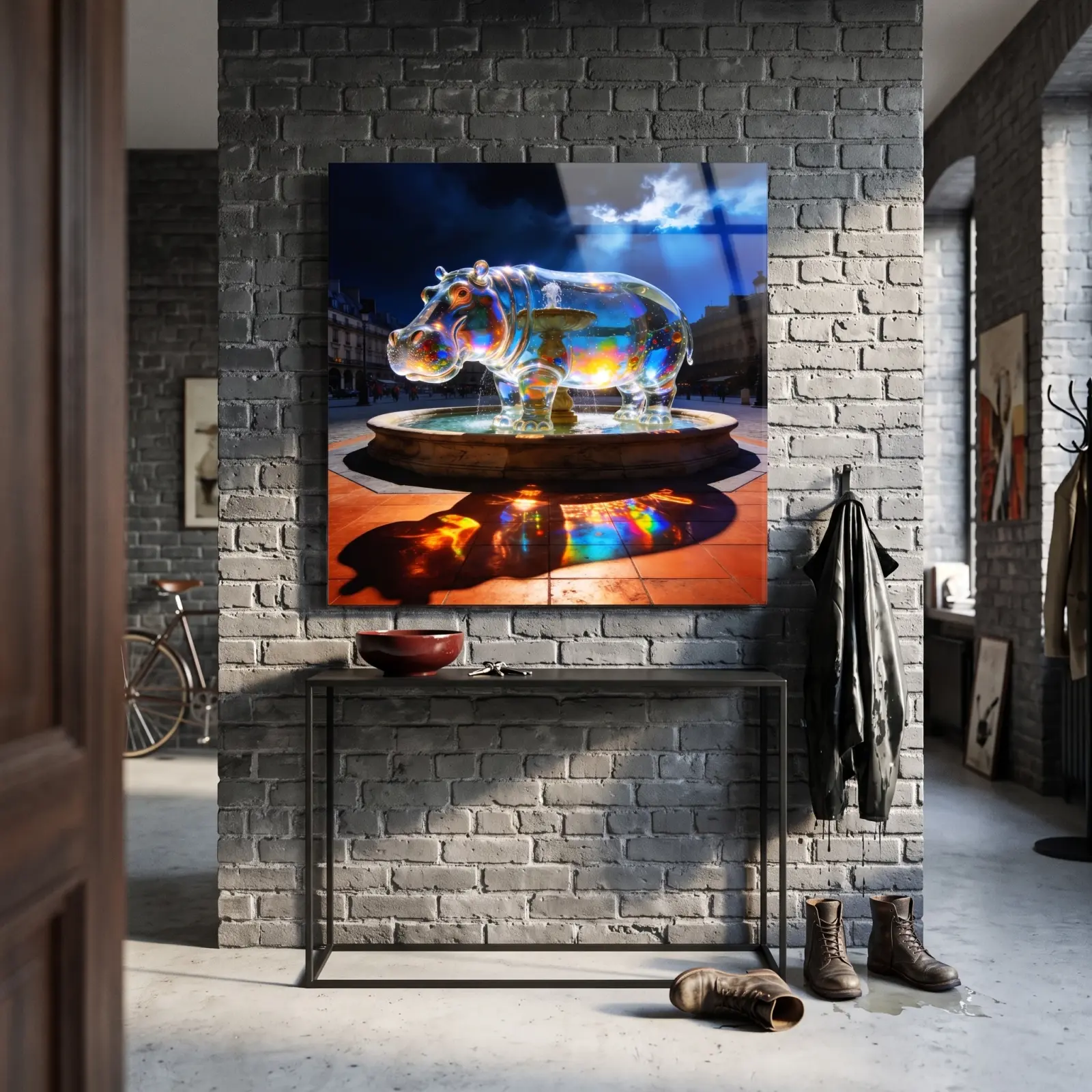 Glass Hippo Wall Art Surreal Fountain Night Scene | Glass Wall Art — 2