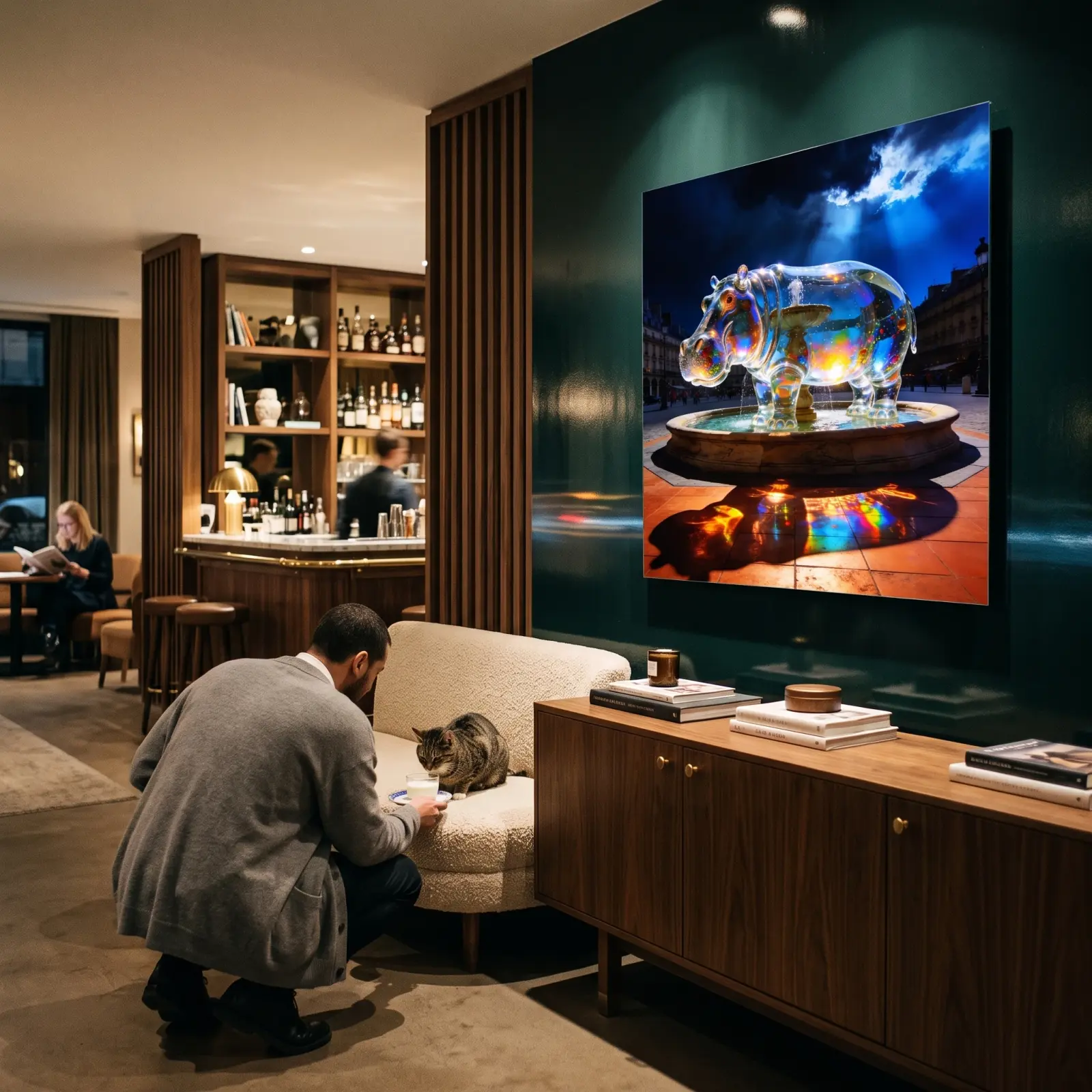 Glass Hippo Wall Art Surreal Fountain Night Scene | Glass Wall Art — 3