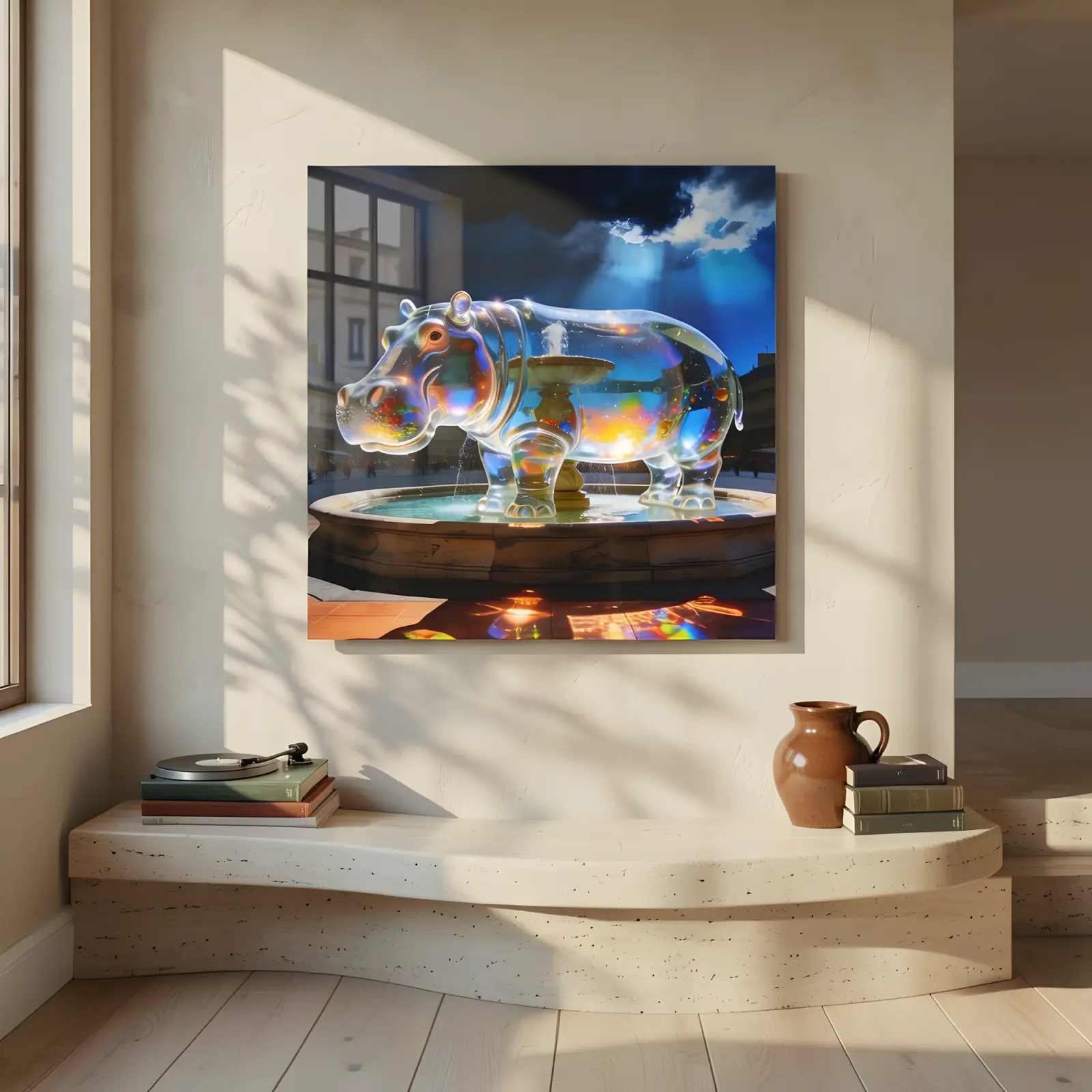 Glass Hippo Wall Art Surreal Fountain Night Scene | Glass Wall Art — 4
