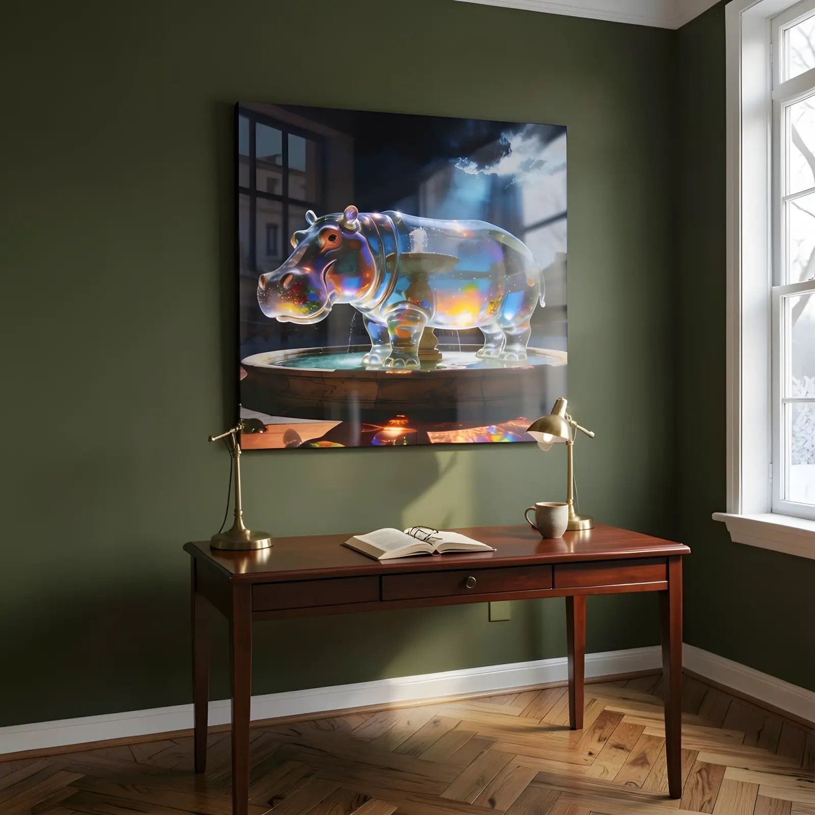 Glass Hippo Wall Art Surreal Fountain Night Scene | Glass Wall Art — 5