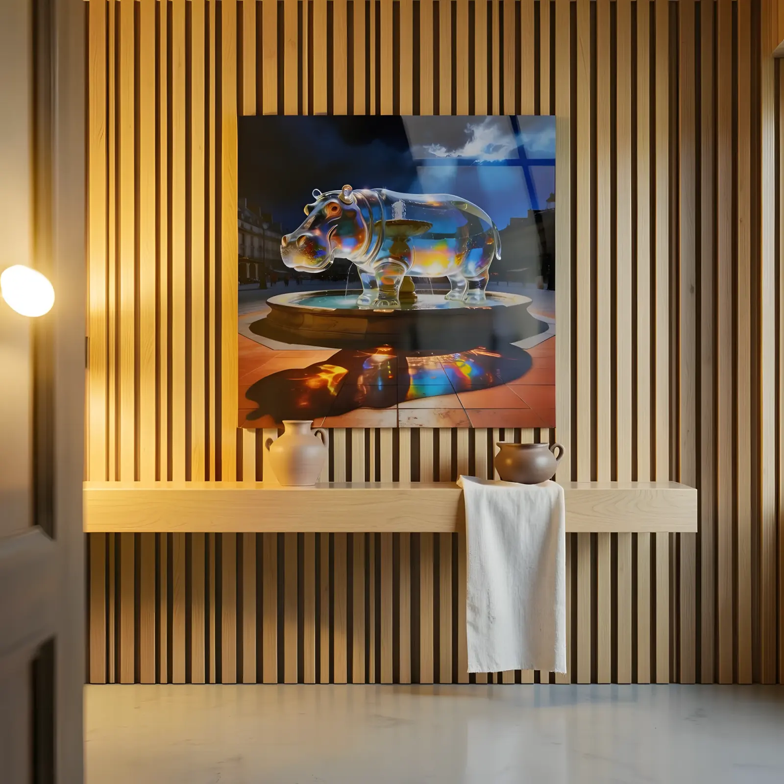 Glass Hippo Wall Art Surreal Fountain Night Scene | Glass Wall Art — 6